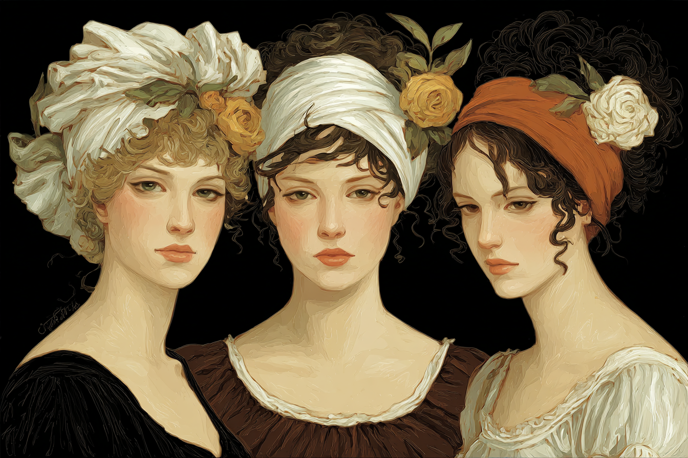 Drei Frauen Mit Blumen Accessoires Kunstvolle Illustration | Klassisch | Einrichtungsstile
