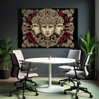 Drei Menschliche Gesichter Mit Floralen Elementen Kunstvolle Dekorationen