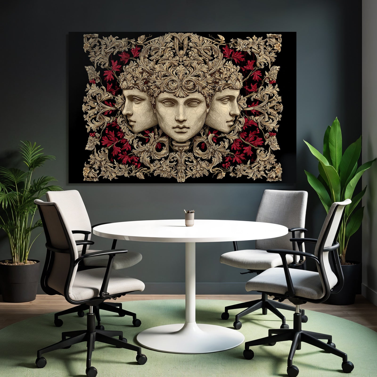 Drei Menschliche Gesichter Mit Floralen Elementen Kunstvolle Dekorationen