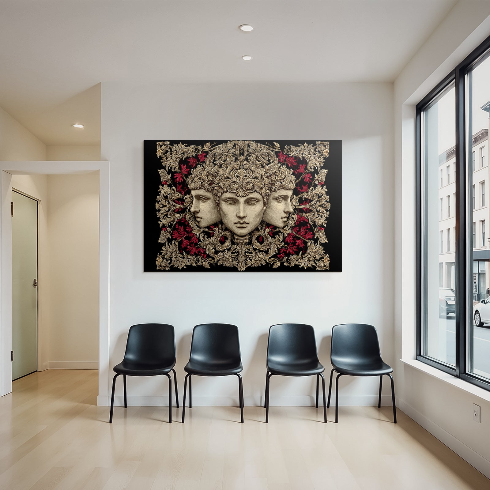 Drei Menschliche Gesichter Mit Floralen Elementen Kunstvolle Dekorationen