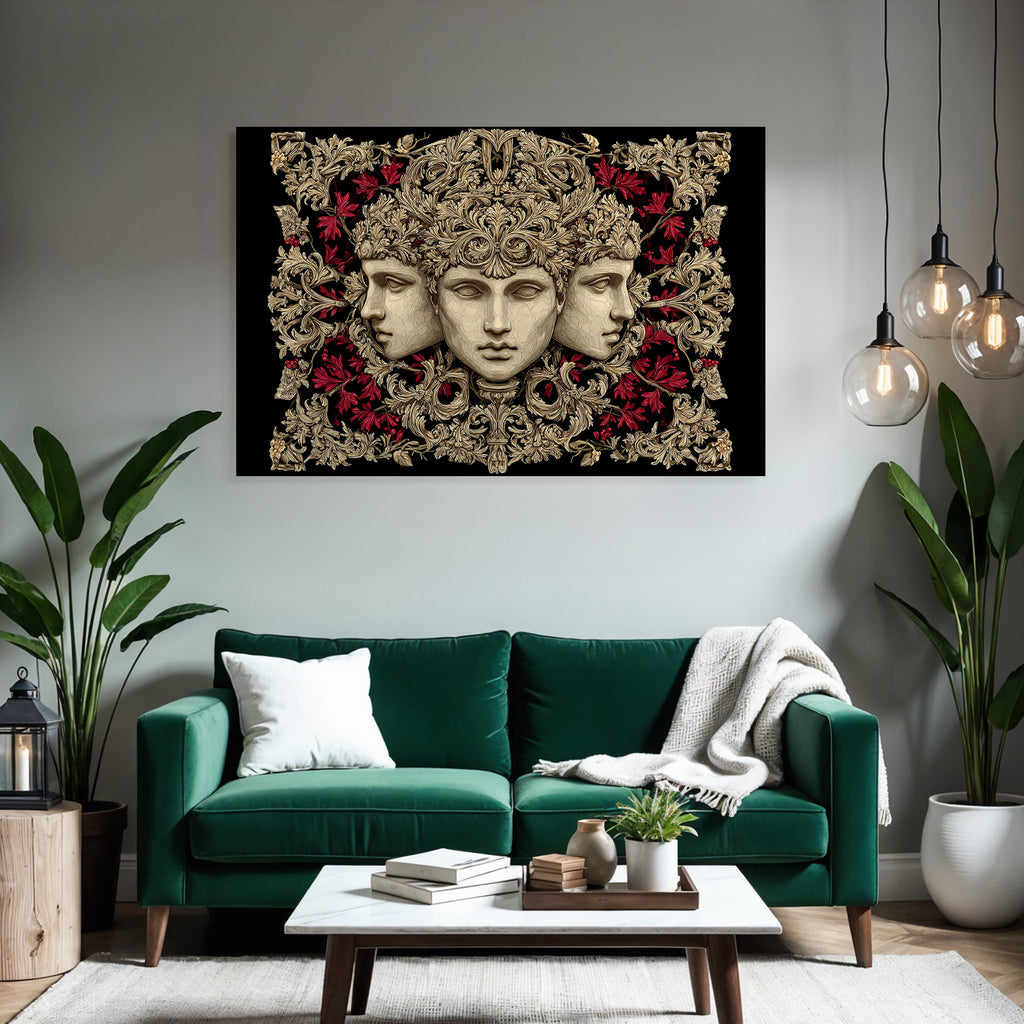 Drei Menschliche Gesichter Mit Floralen Elementen Kunstvolle Dekorationen