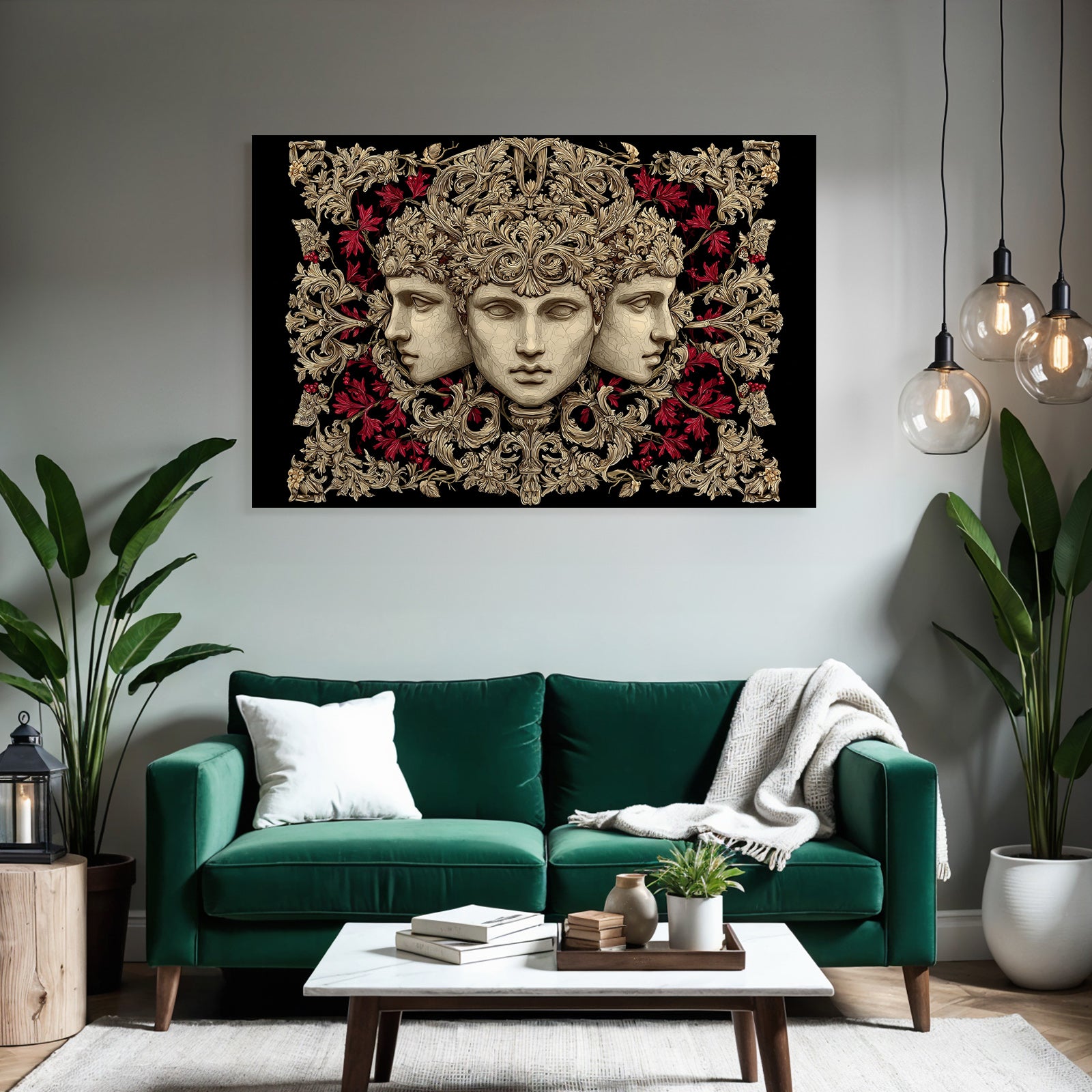 Drei Menschliche Gesichter Mit Floralen Elementen Kunstvolle Dekorationen