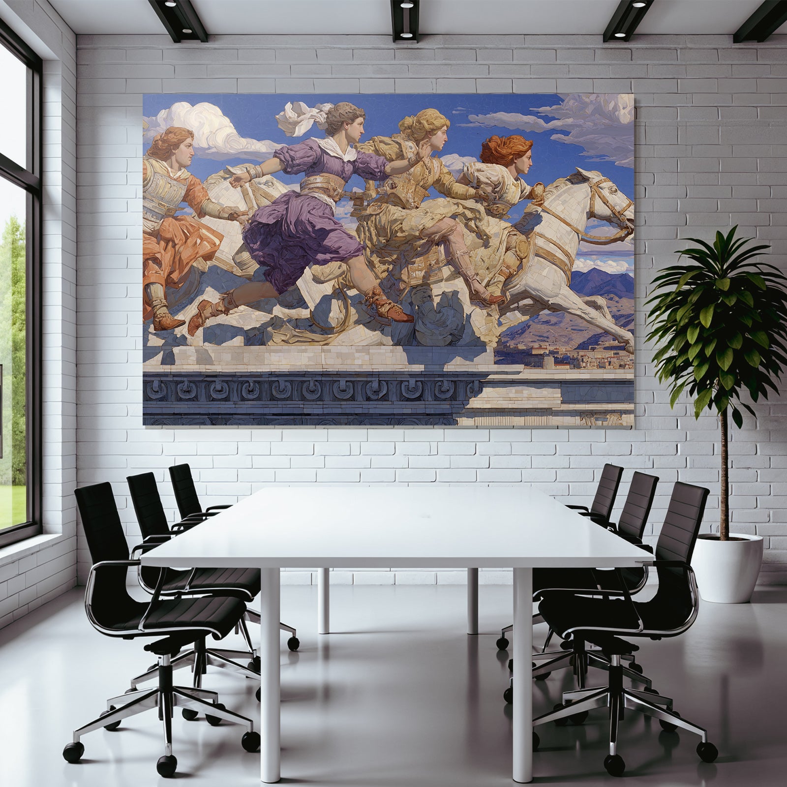 Dynamische Szene Historische Figuren Auf Einem Pferd Im Bewegung Mit Himmel Und Bergen