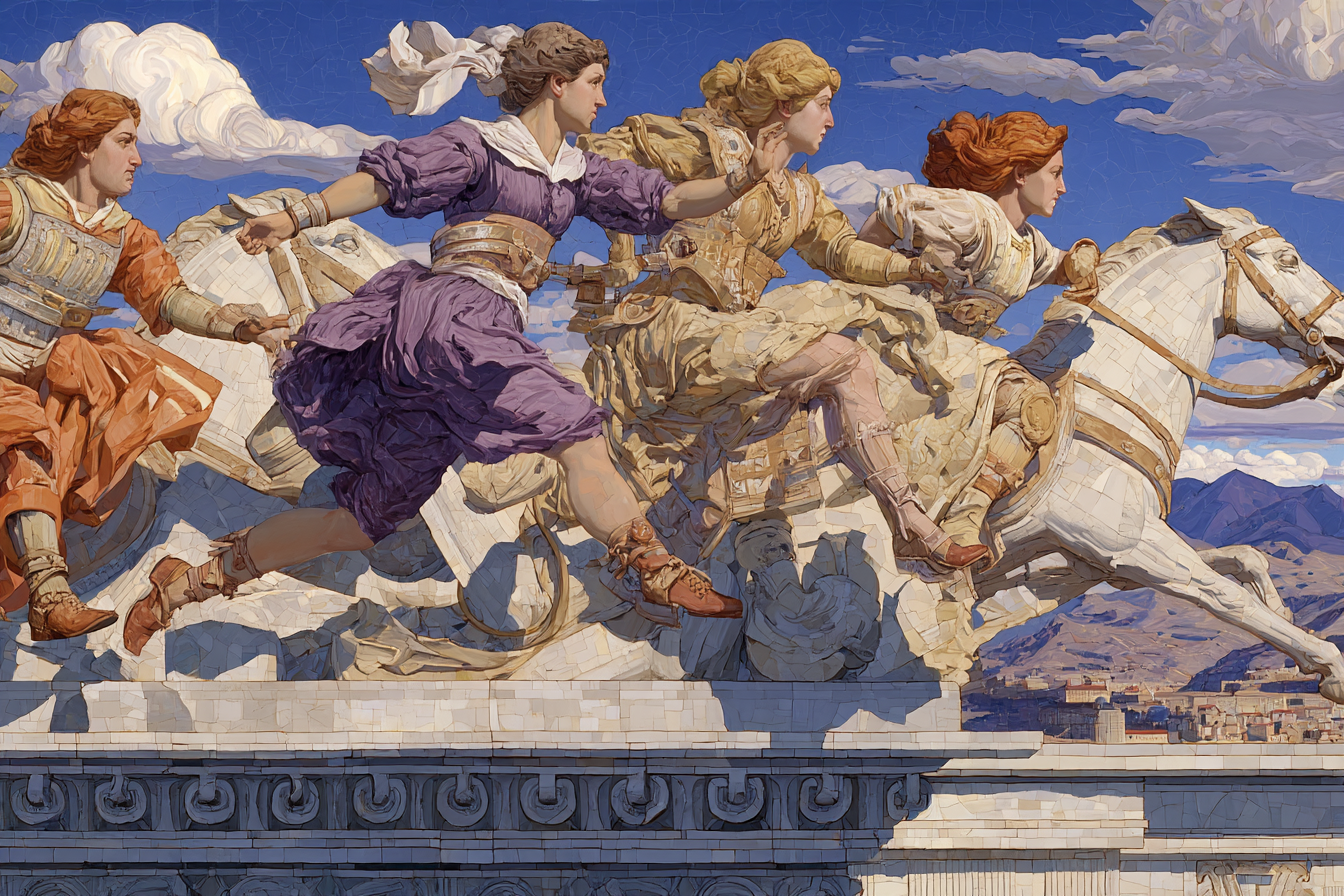 Dynamische Szene Historische Figuren Auf Einem Pferd Im Bewegung Mit Himmel Und Bergen | Klassisch | Einrichtungsstile