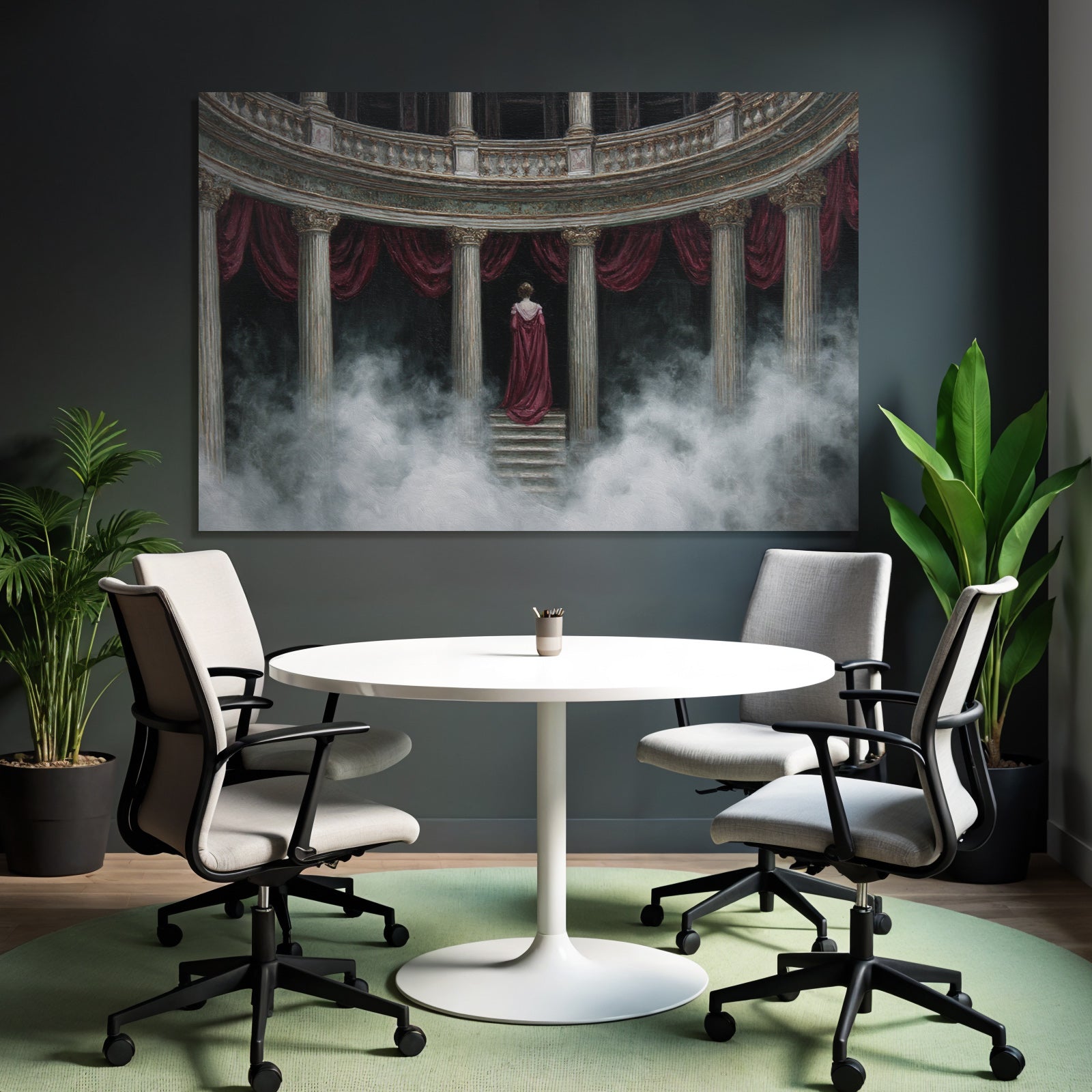 Elegante Figur Auf Stufen Mit Ornate Pfeilern Im Nebel