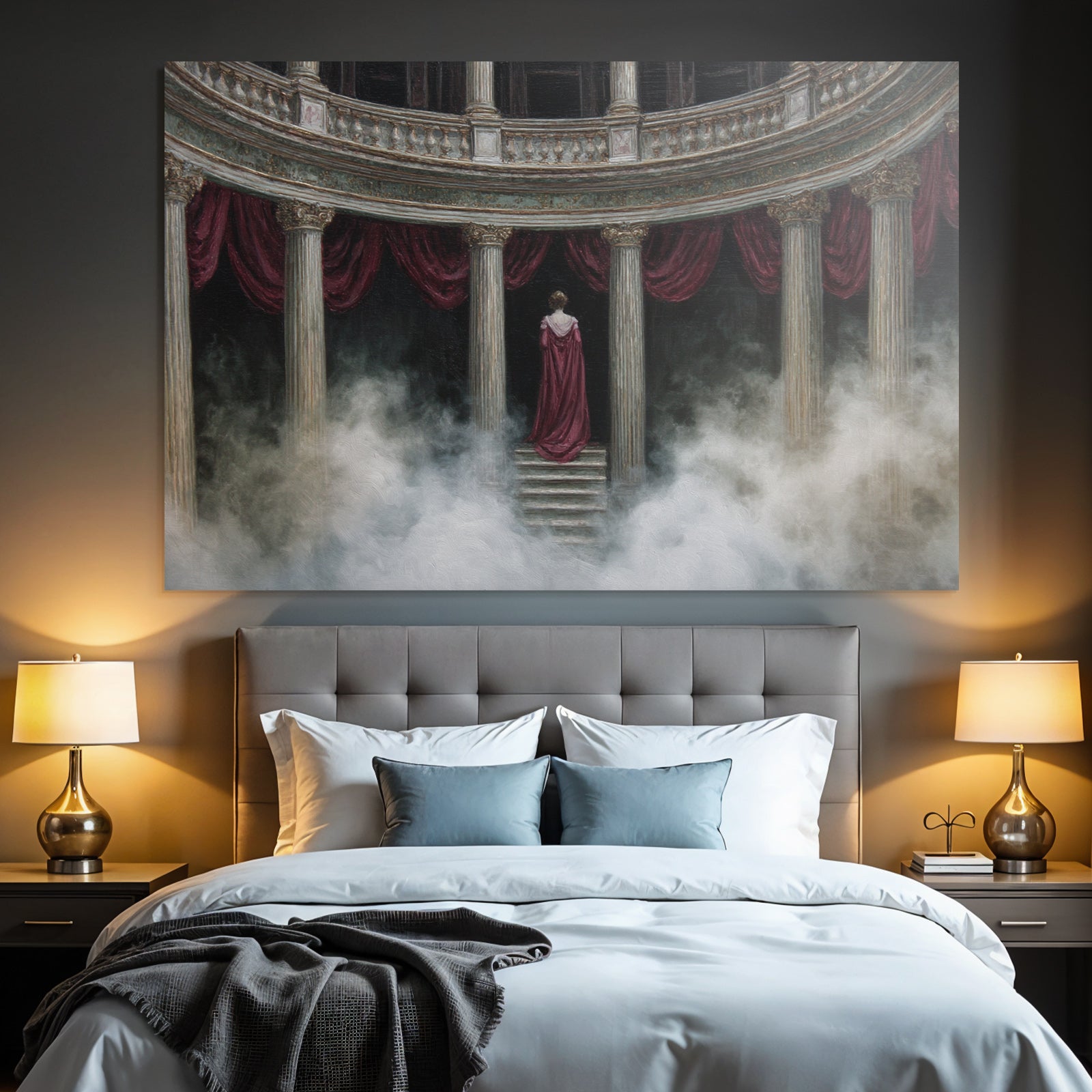 Elegante Figur Auf Stufen Mit Ornate Pfeilern Im Nebel