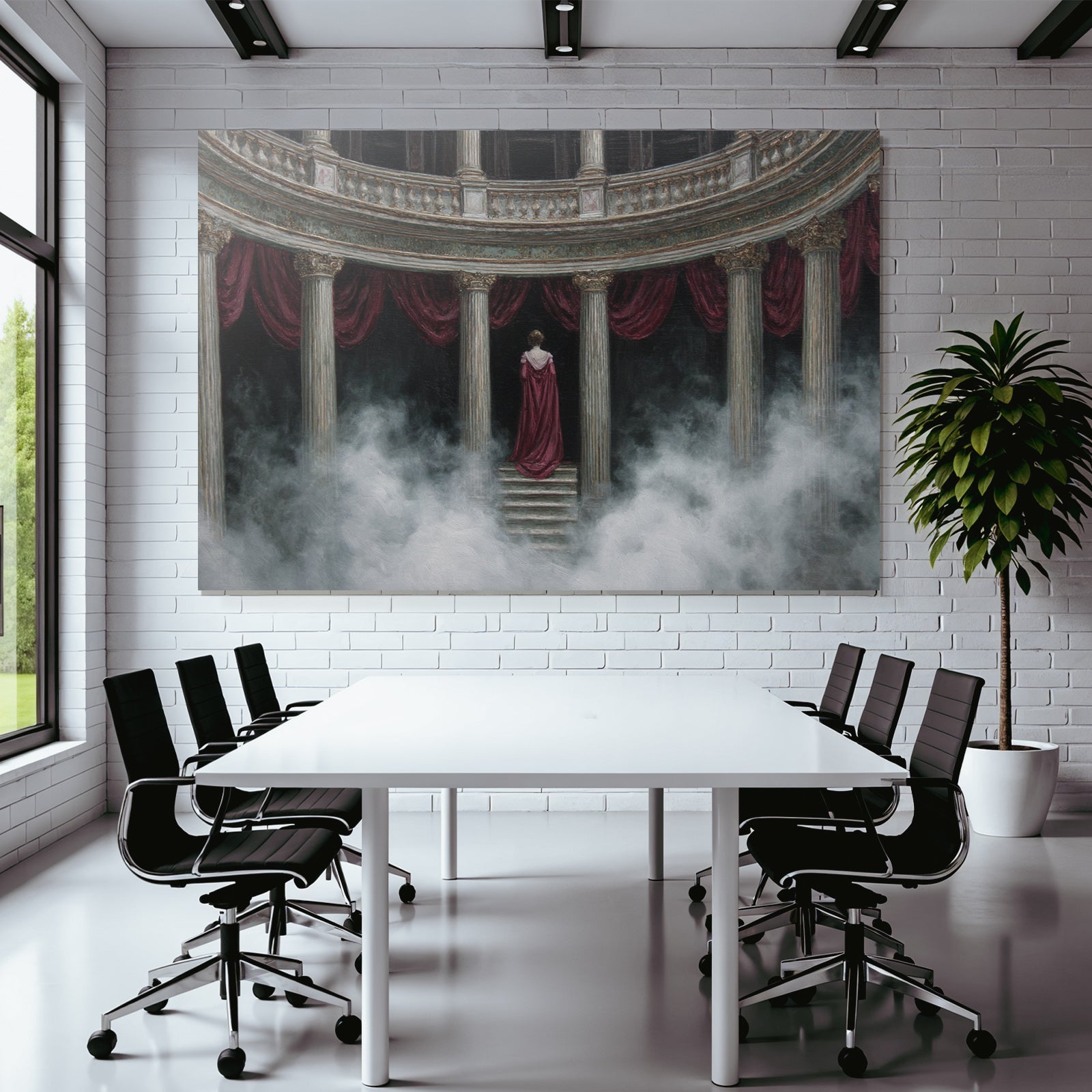 Elegante Figur Auf Stufen Mit Ornate Pfeilern Im Nebel