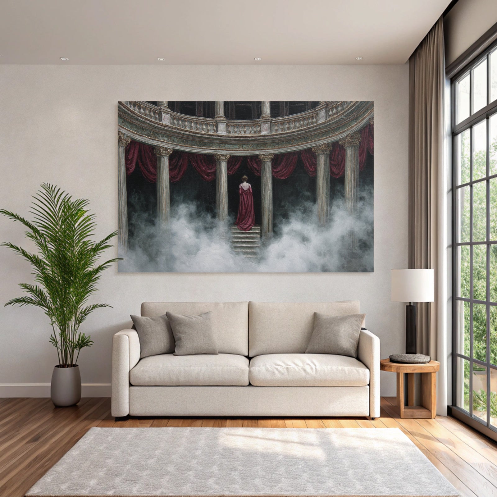 Elegante Figur Auf Stufen Mit Ornate Pfeilern Im Nebel