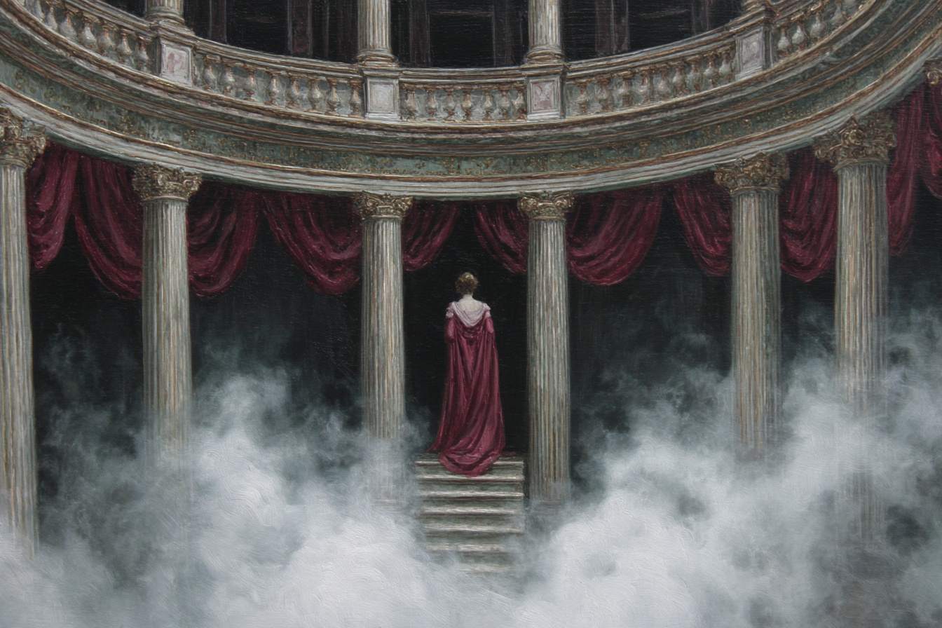 Elegante Figur Auf Stufen Mit Ornate Pfeilern Im Nebel | Klassisch | Einrichtungsstile