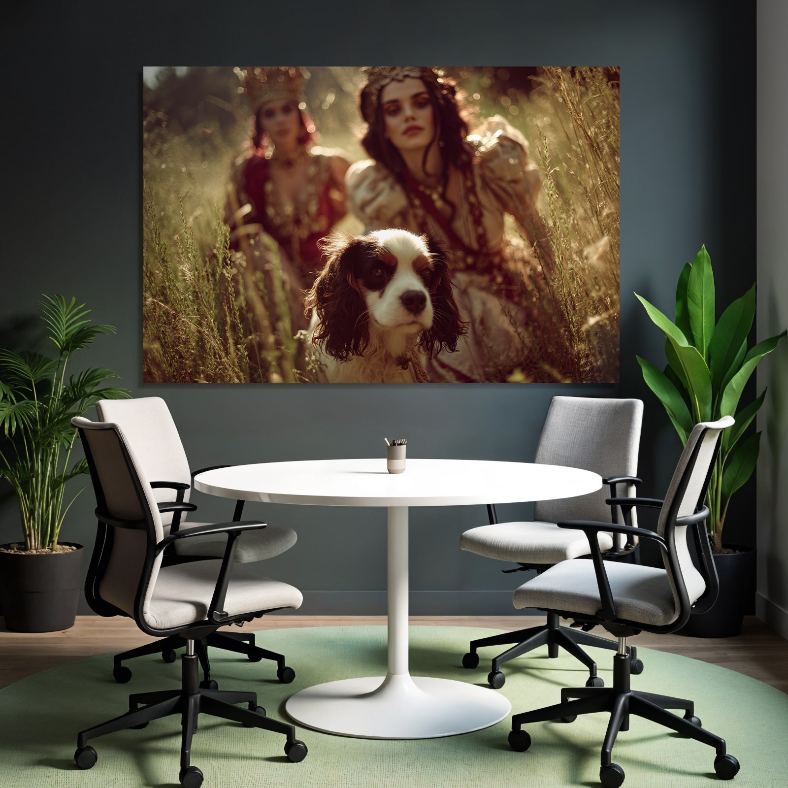 Elegante Frauen In Geschichtlichen Kostuemen Mit Hund Im Hintergrund