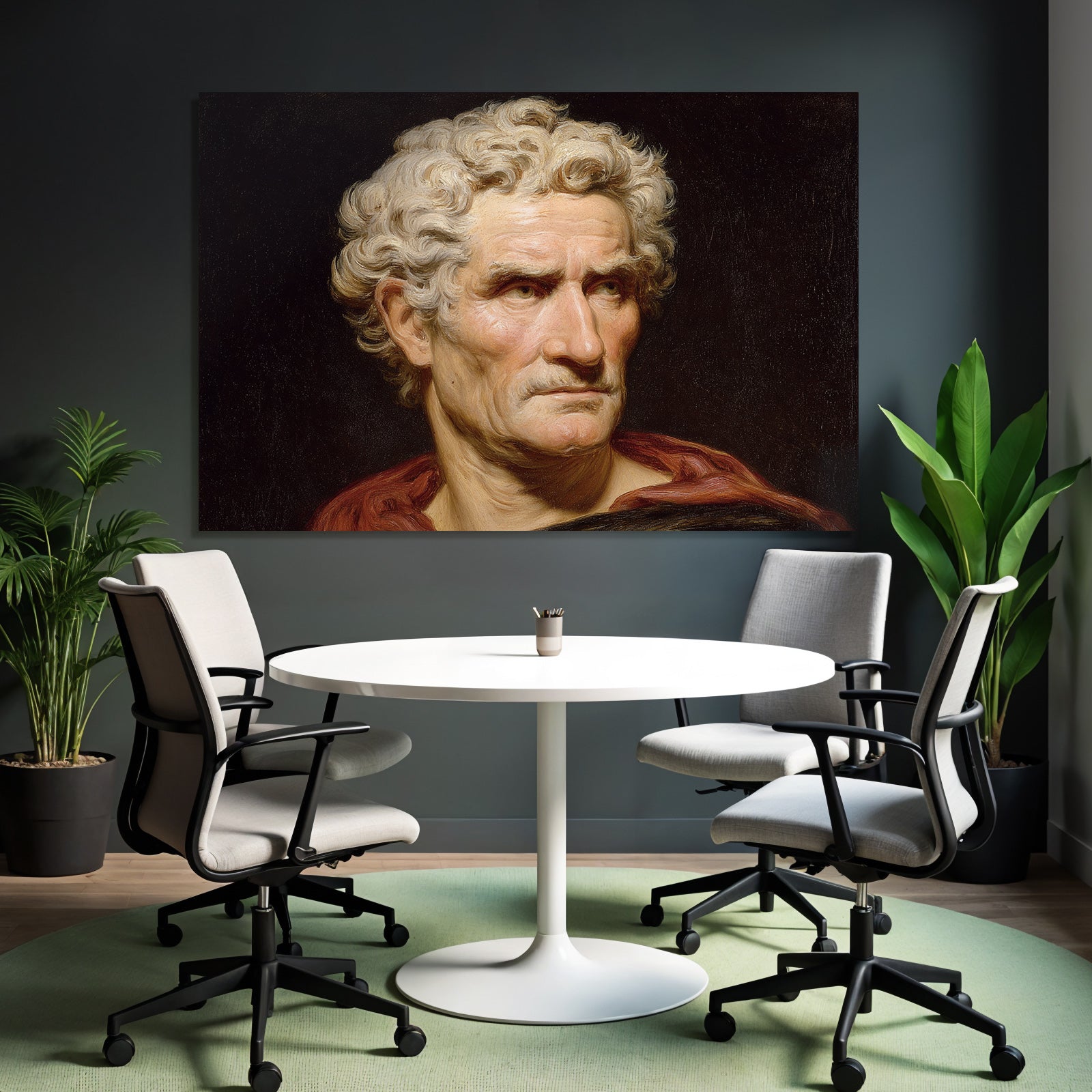 Es Portrait Mann Gekront Mit Lockigem Haar Rotem Mantel