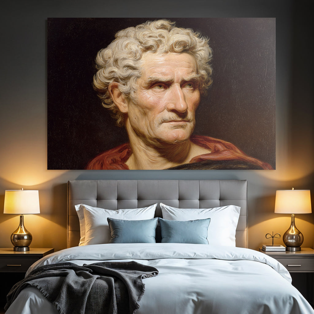 Es Portrait Mann Gekront Mit Lockigem Haar Rotem Mantel