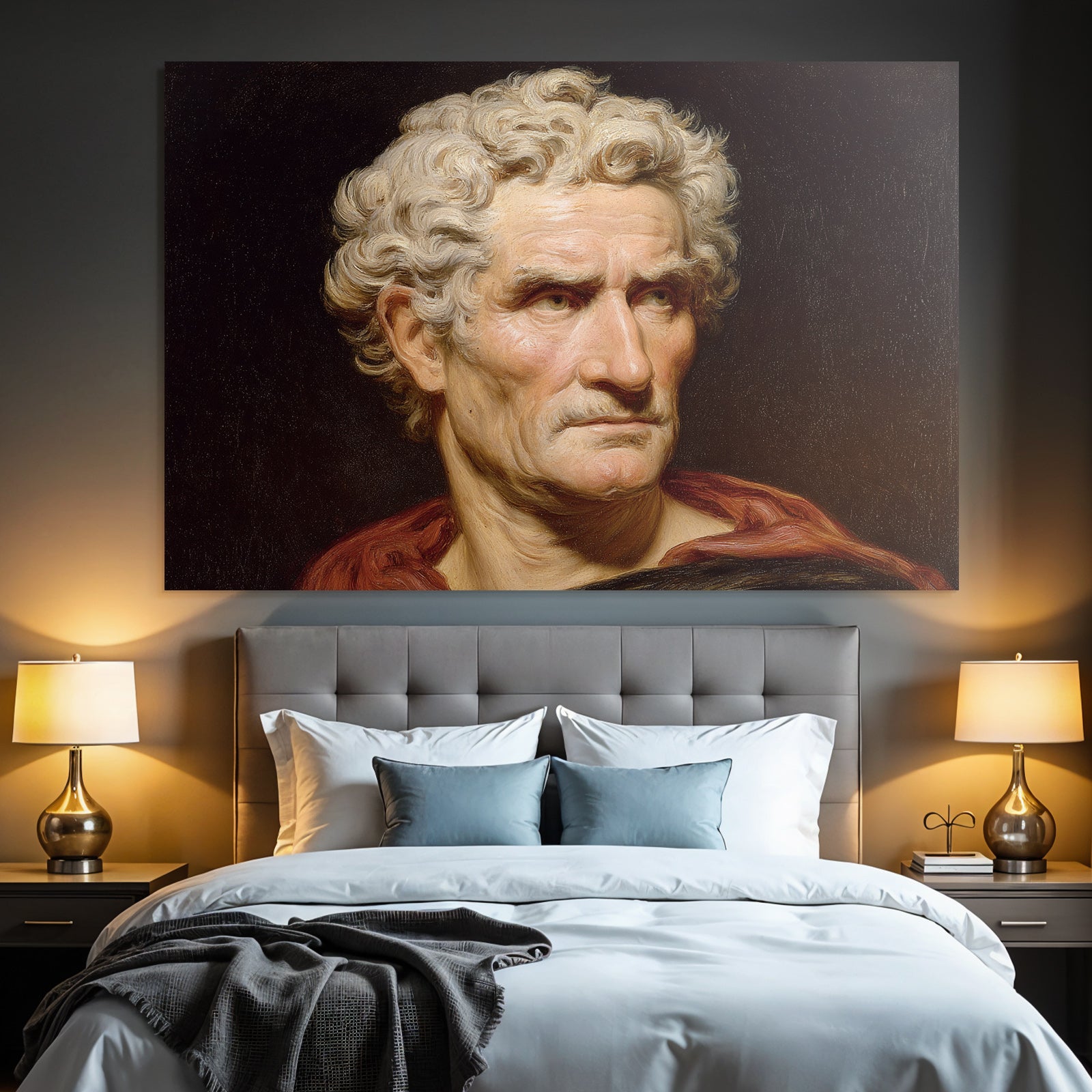 Es Portrait Mann Gekront Mit Lockigem Haar Rotem Mantel