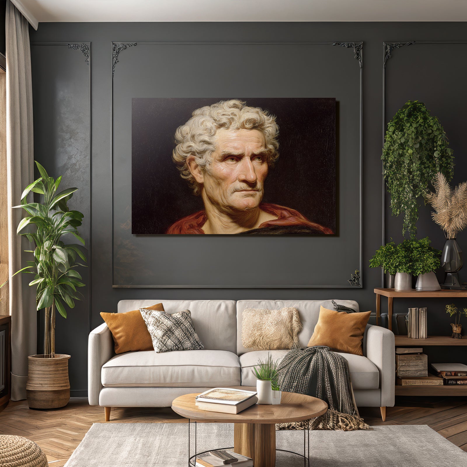 Es Portrait Mann Gekront Mit Lockigem Haar Rotem Mantel