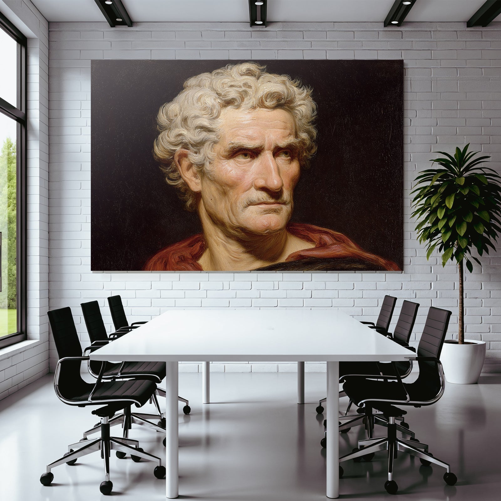 Es Portrait Mann Gekront Mit Lockigem Haar Rotem Mantel