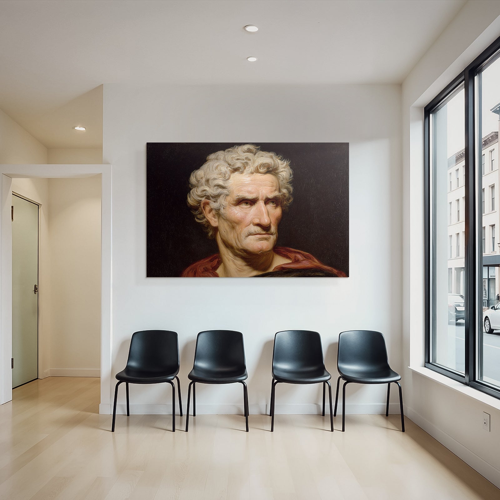 Es Portrait Mann Gekront Mit Lockigem Haar Rotem Mantel