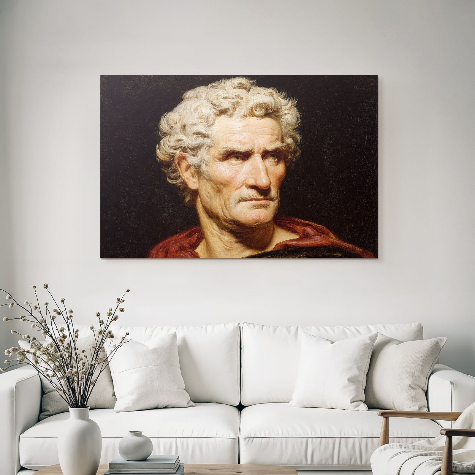 Es Portrait Mann Gekront Mit Lockigem Haar Rotem Mantel