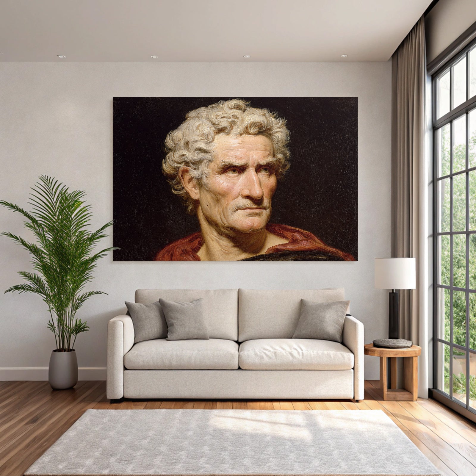 Es Portrait Mann Gekront Mit Lockigem Haar Rotem Mantel