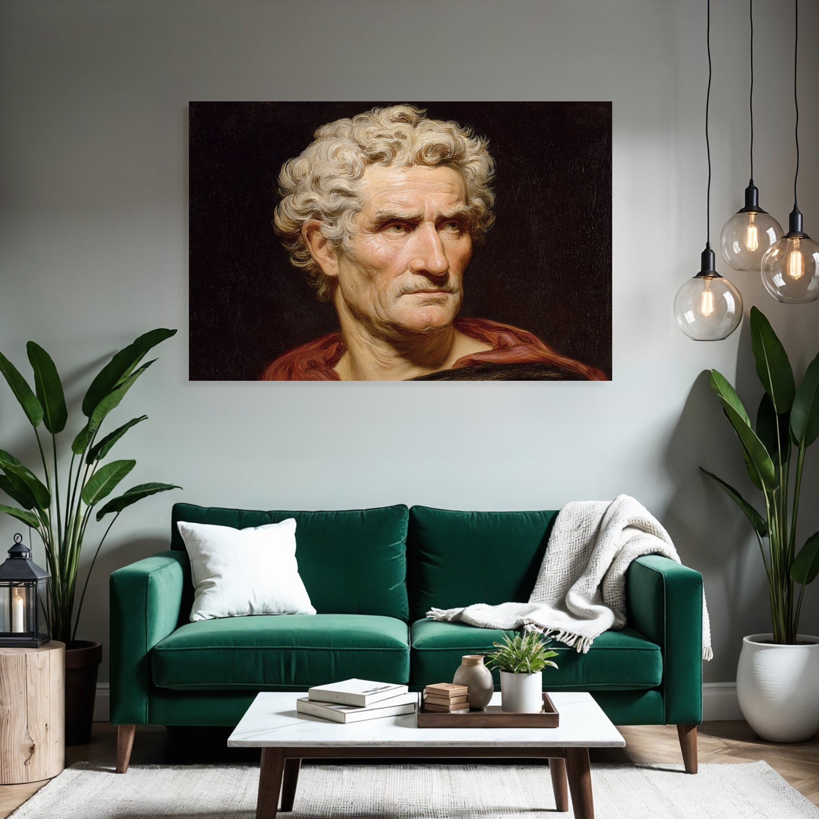 Es Portrait Mann Gekront Mit Lockigem Haar Rotem Mantel