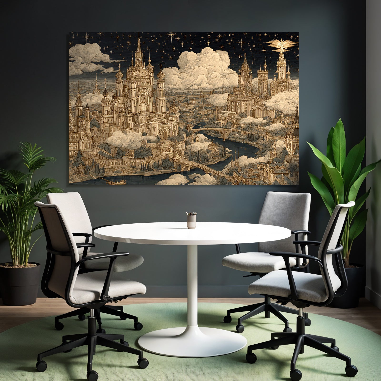 Fantastische Stadtlandschaft Mit Ornamentalen Gebaueden Und Sternenhimmel