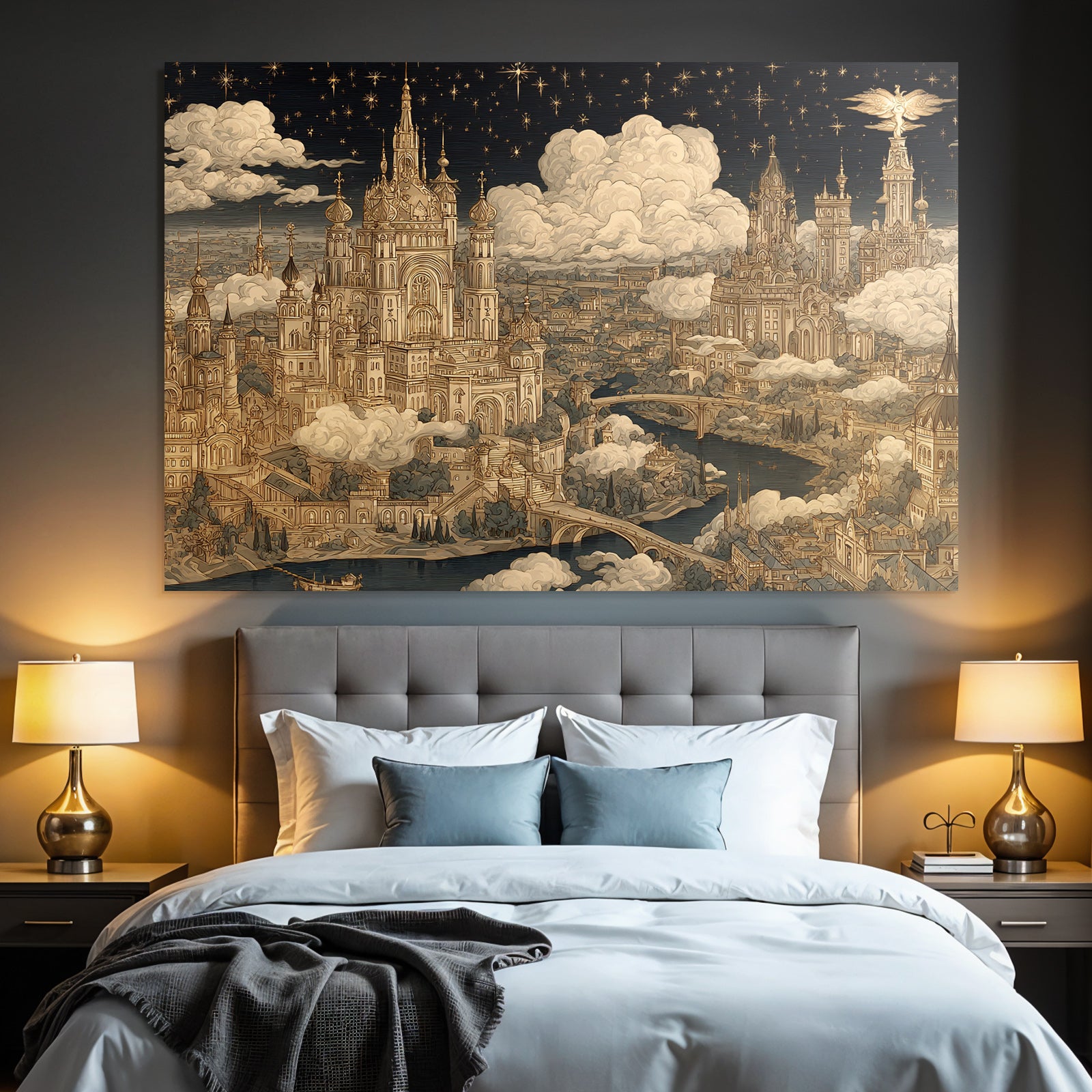 Fantastische Stadtlandschaft Mit Ornamentalen Gebaueden Und Sternenhimmel