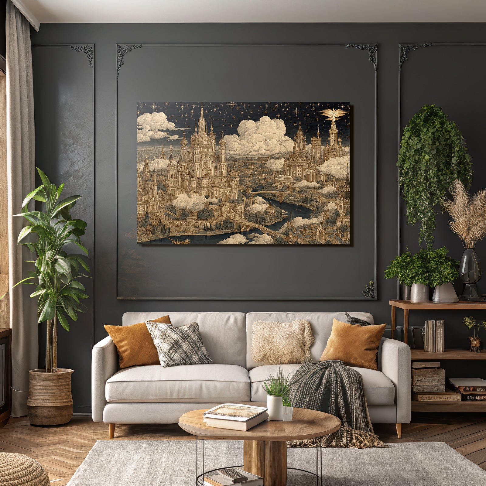 Fantastische Stadtlandschaft Mit Ornamentalen Gebaueden Und Sternenhimmel