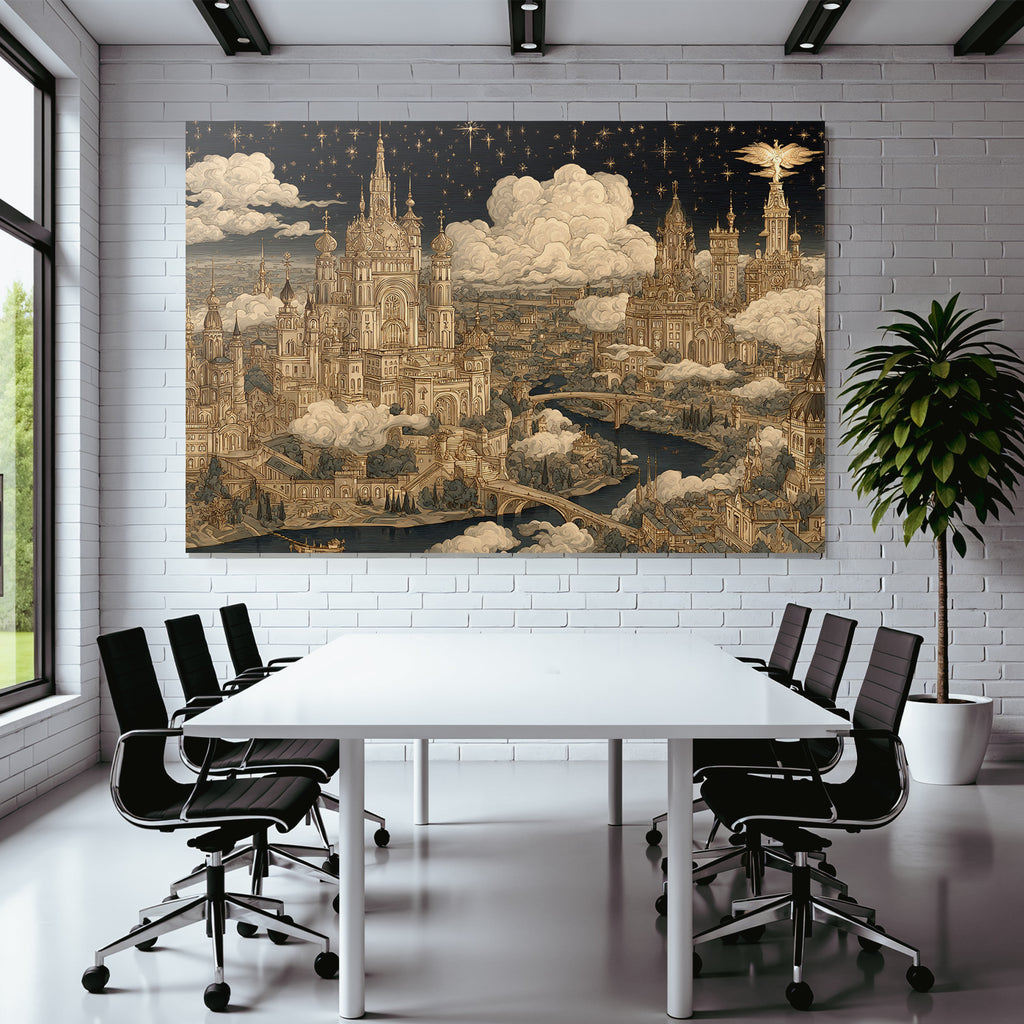 Fantastische Stadtlandschaft Mit Ornamentalen Gebaueden Und Sternenhimmel