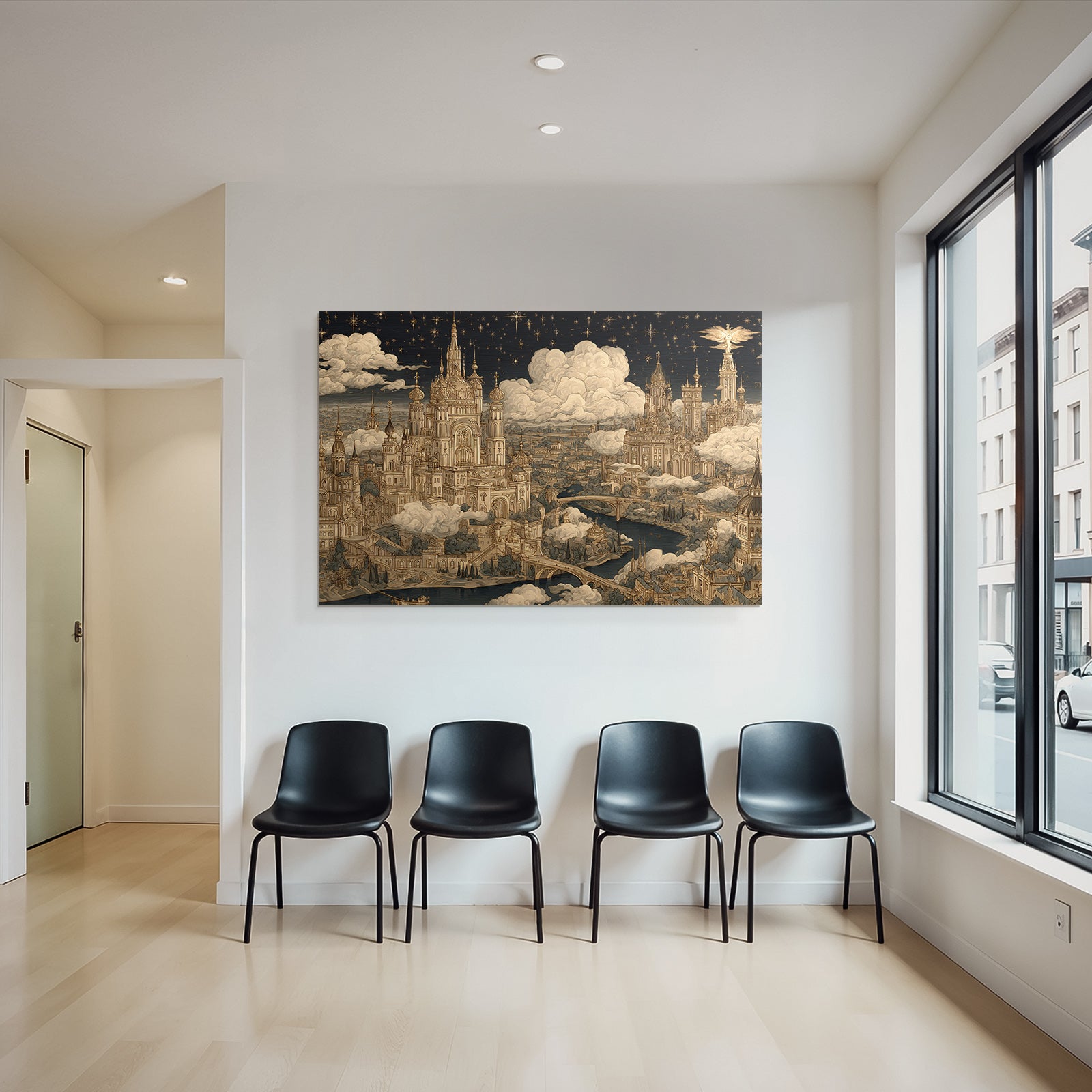 Fantastische Stadtlandschaft Mit Ornamentalen Gebaueden Und Sternenhimmel