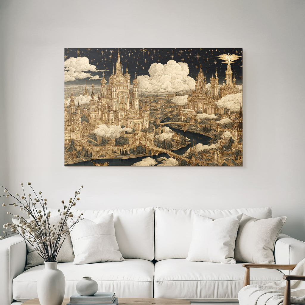 Fantastische Stadtlandschaft Mit Ornamentalen Gebaueden Und Sternenhimmel