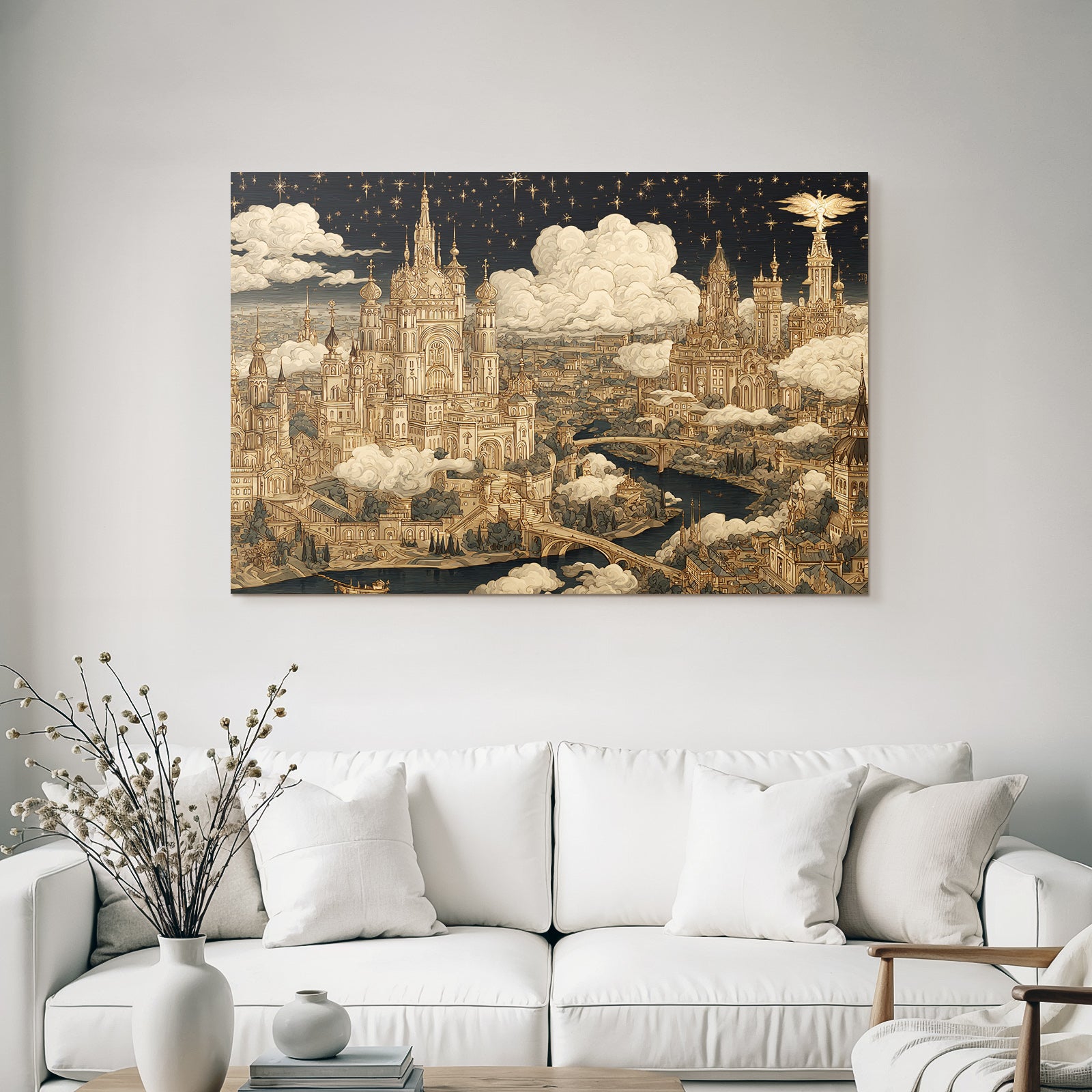 Fantastische Stadtlandschaft Mit Ornamentalen Gebaueden Und Sternenhimmel