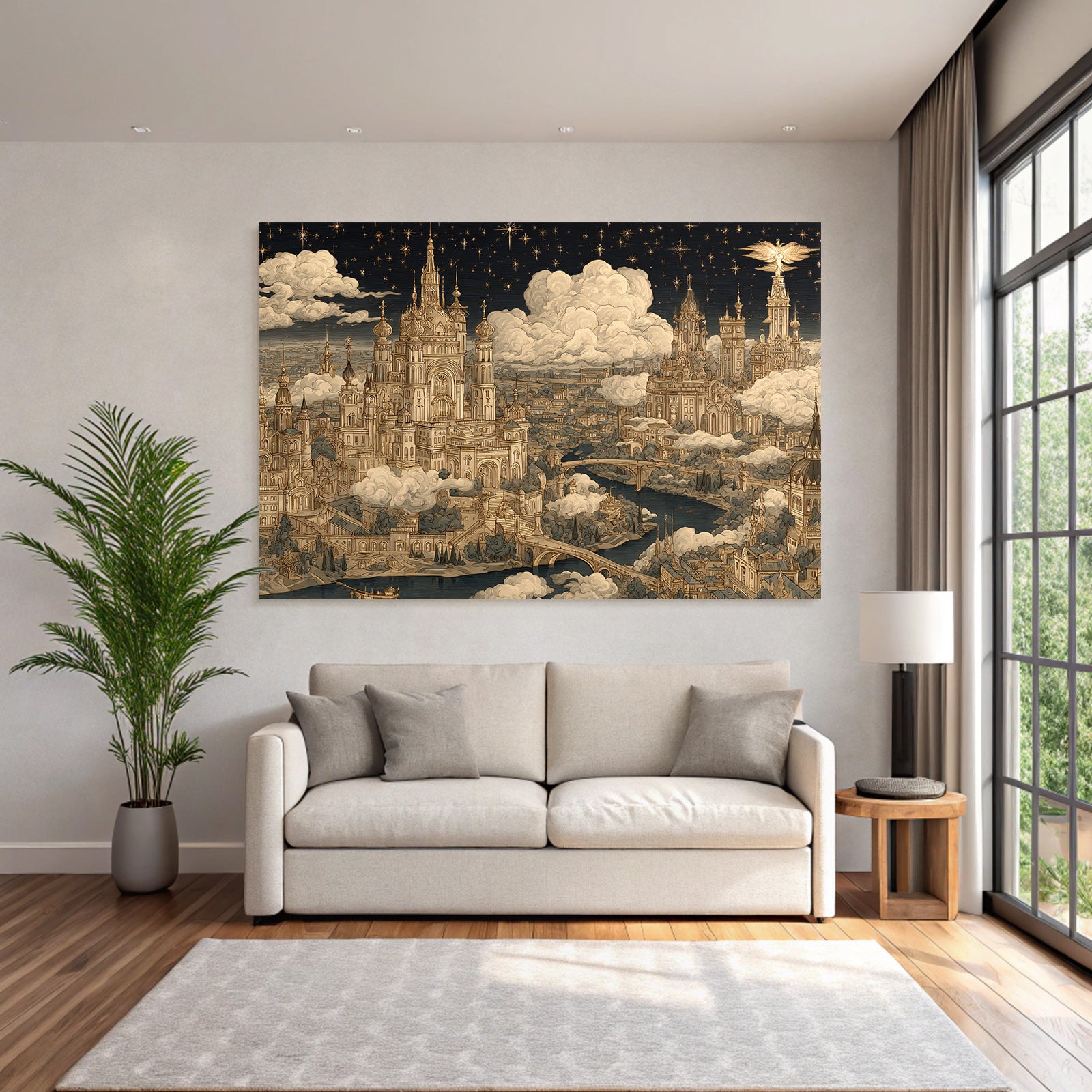 Fantastische Stadtlandschaft Mit Ornamentalen Gebaueden Und Sternenhimmel