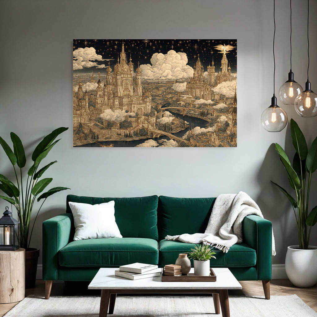 Fantastische Stadtlandschaft Mit Ornamentalen Gebaueden Und Sternenhimmel