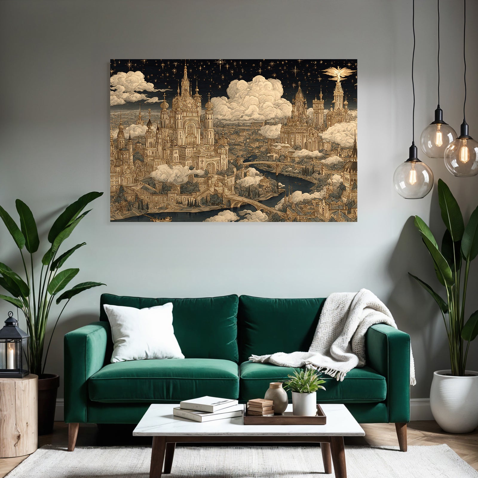 Fantastische Stadtlandschaft Mit Ornamentalen Gebaueden Und Sternenhimmel