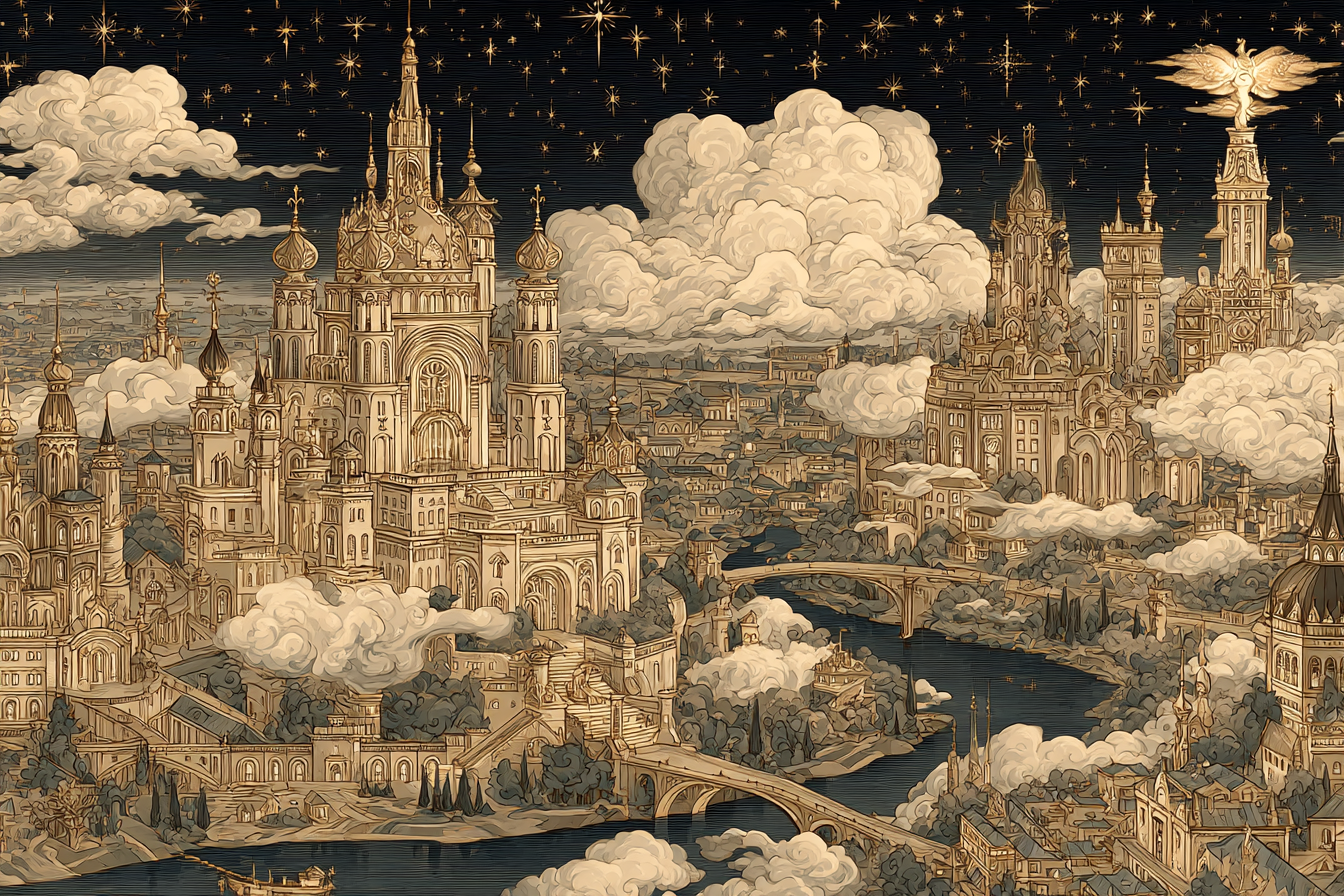 Fantastische Stadtlandschaft Mit Ornamentalen Gebaueden Und Sternenhimmel | Klassisch | Einrichtungsstile