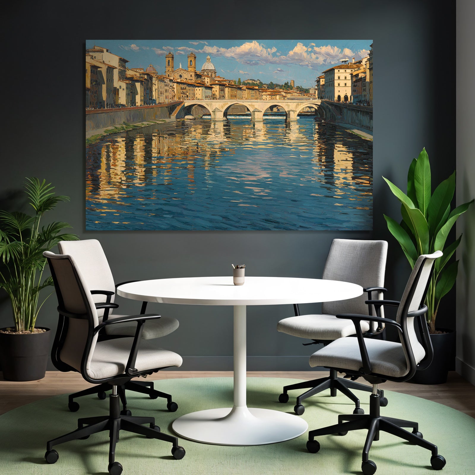 Flusslandschaft Mit Bruecke Und Gebaeuden Im Impressionistischen Stil