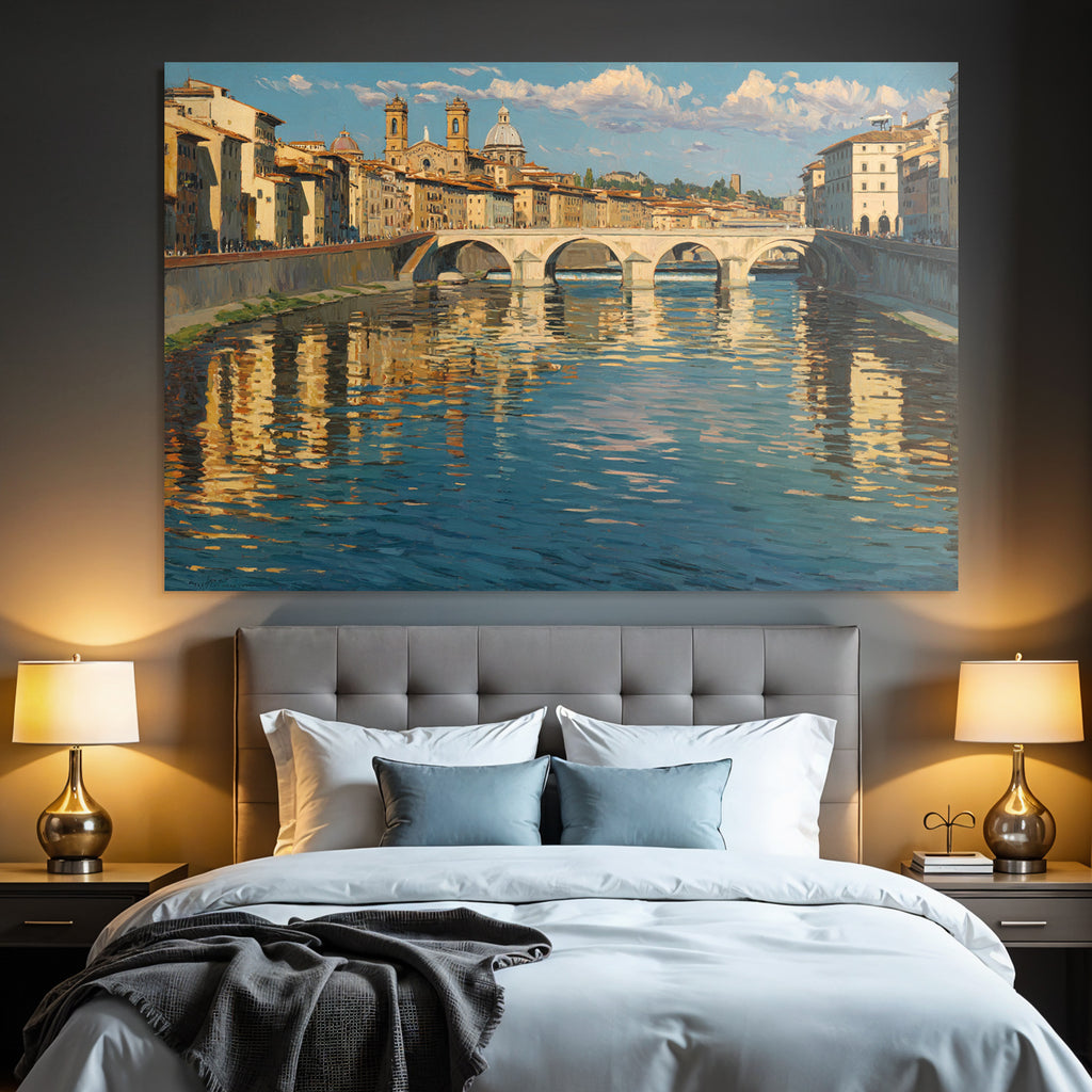 Flusslandschaft Mit Bruecke Und Gebaeuden Im Impressionistischen Stil