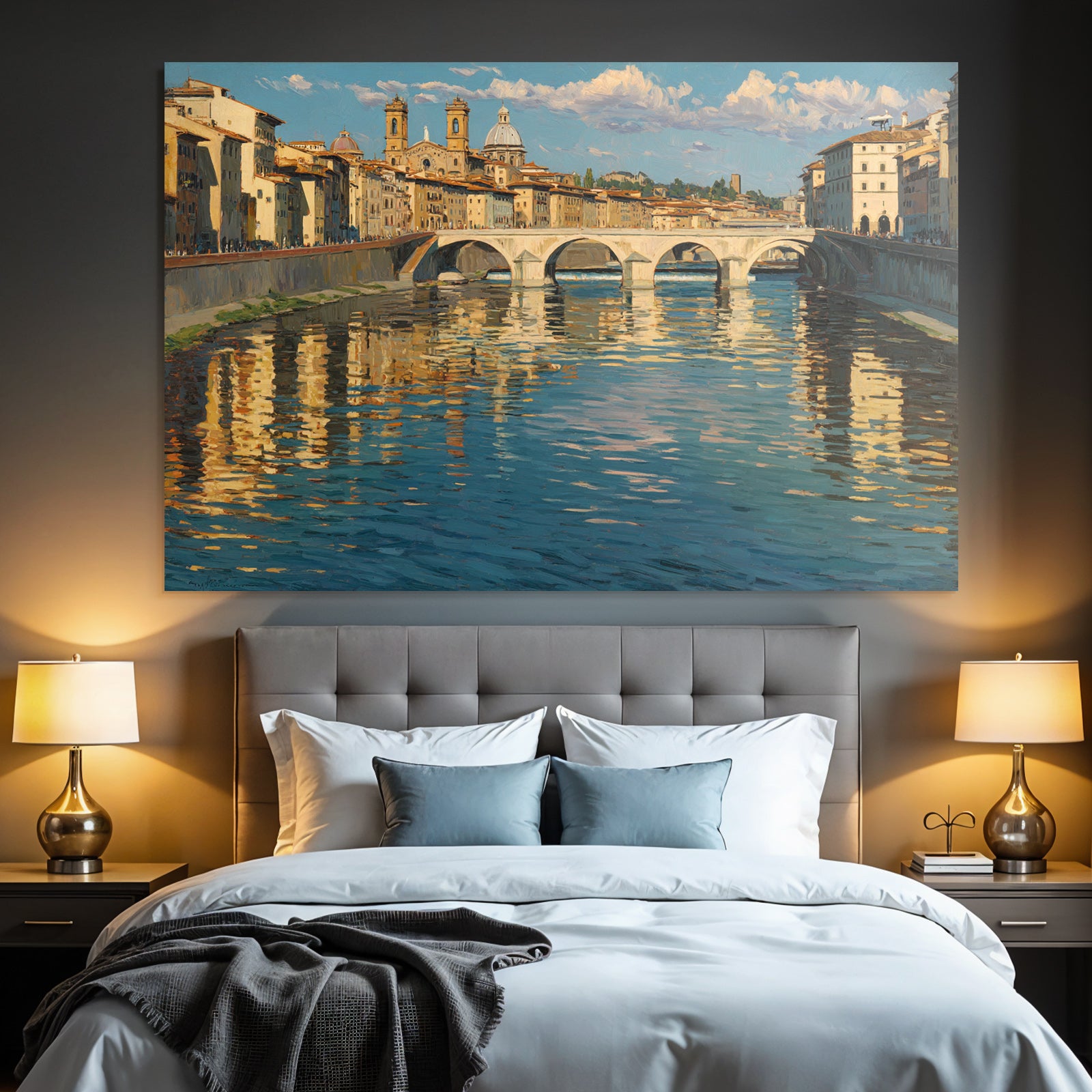 Flusslandschaft Mit Bruecke Und Gebaeuden Im Impressionistischen Stil