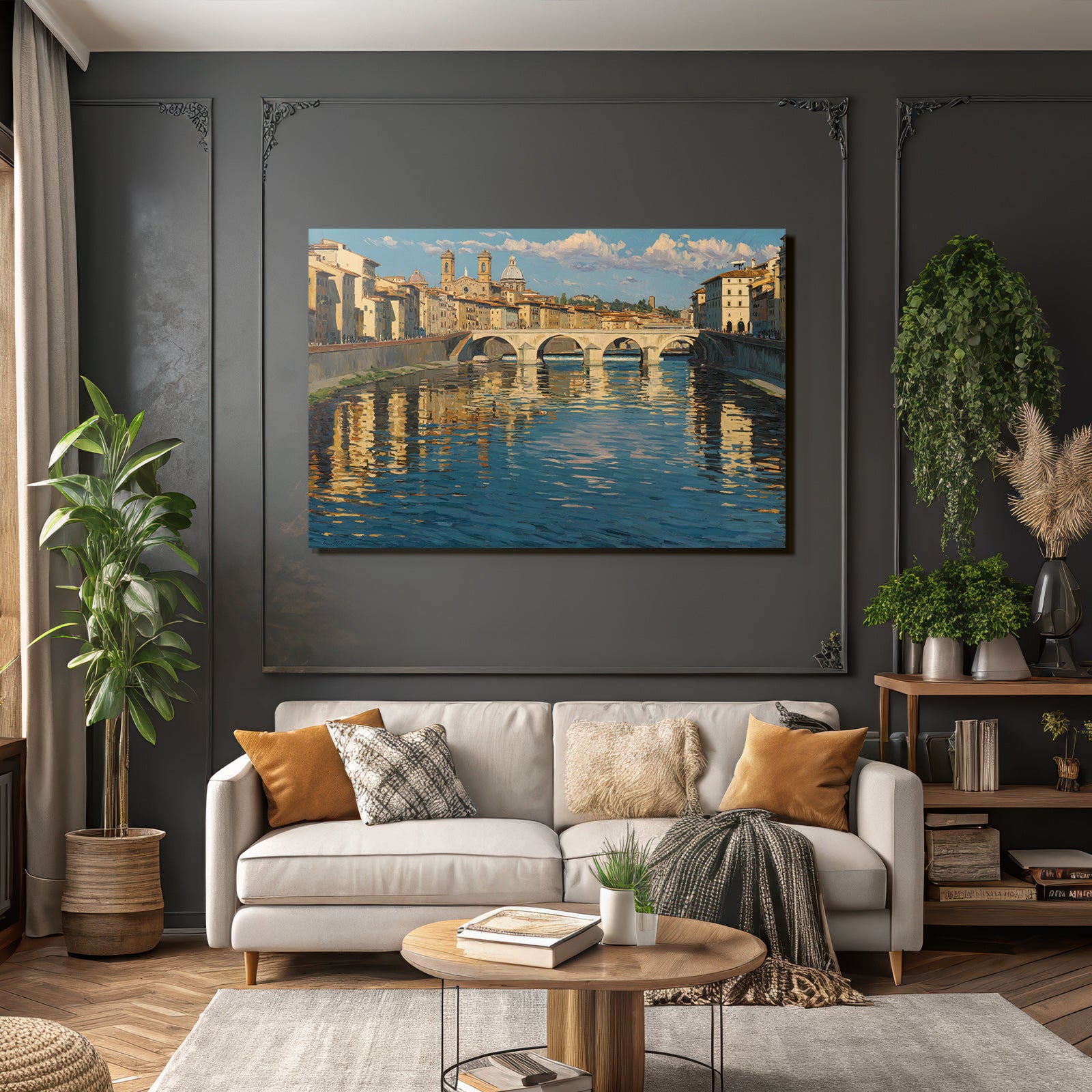Flusslandschaft Mit Bruecke Und Gebaeuden Im Impressionistischen Stil