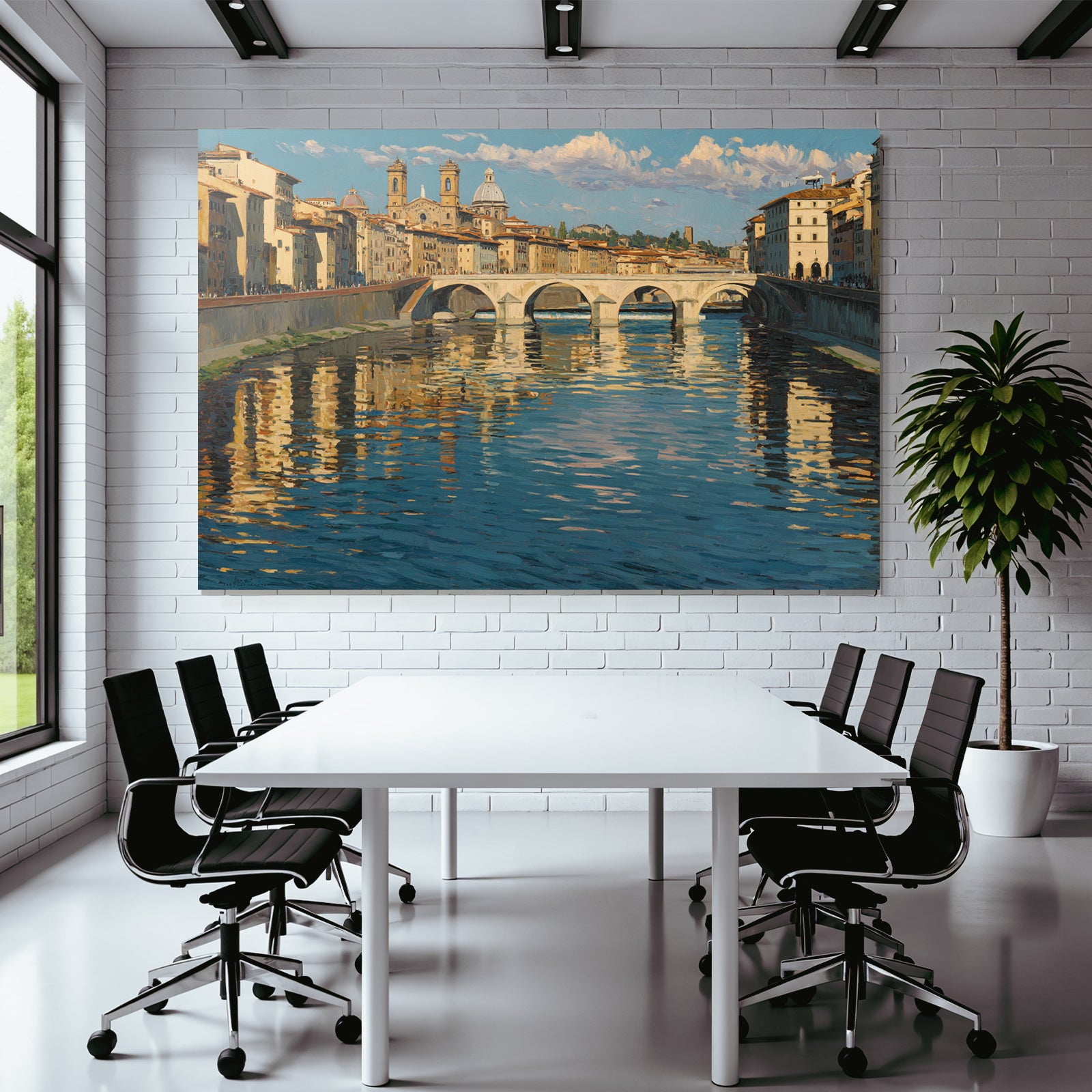 Flusslandschaft Mit Bruecke Und Gebaeuden Im Impressionistischen Stil