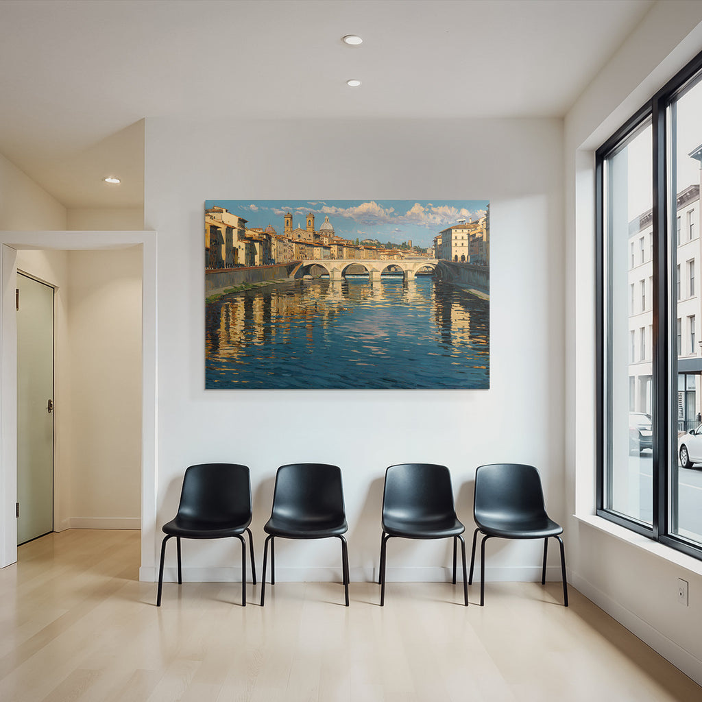 Flusslandschaft Mit Bruecke Und Gebaeuden Im Impressionistischen Stil
