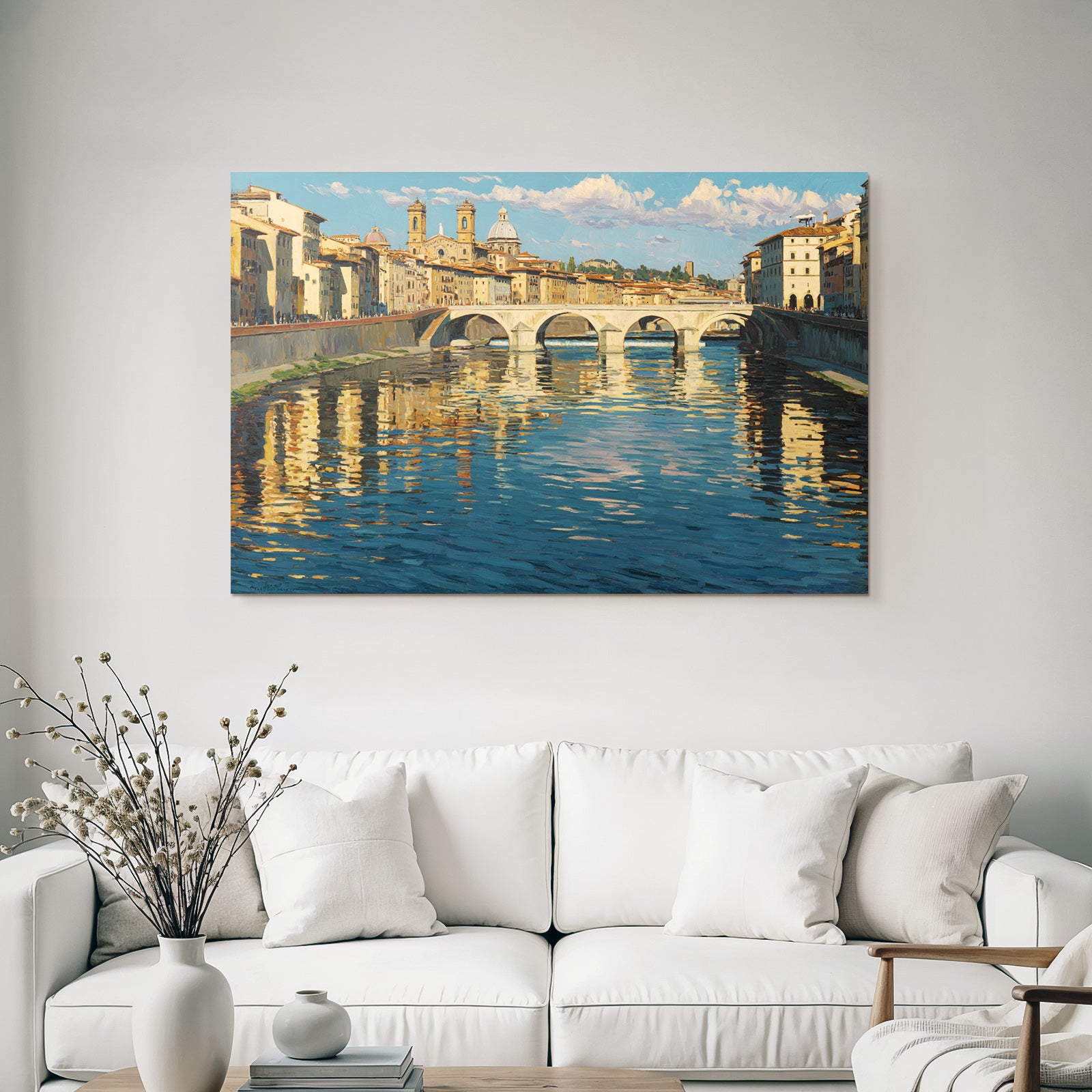 Flusslandschaft Mit Bruecke Und Gebaeuden Im Impressionistischen Stil