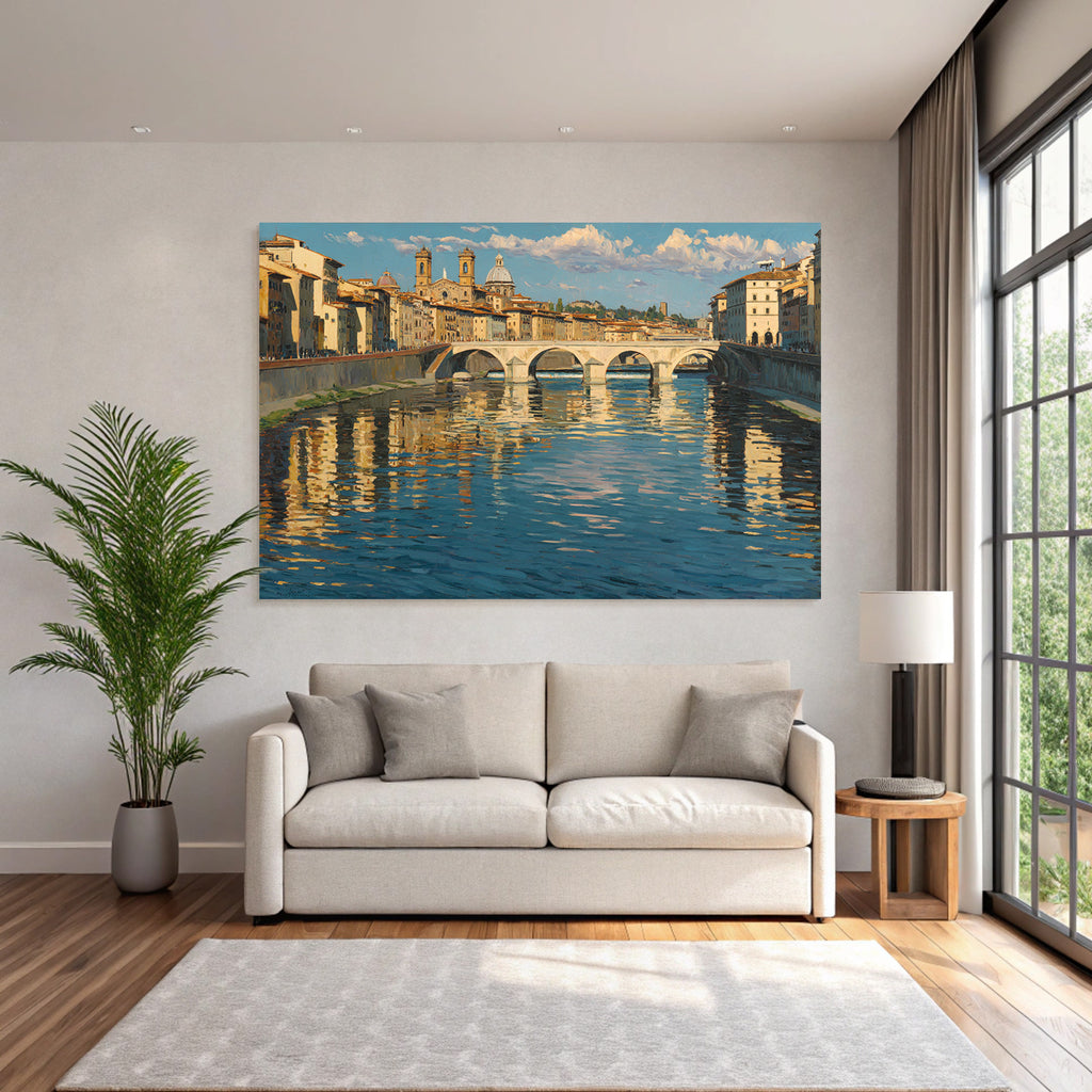 Flusslandschaft Mit Bruecke Und Gebaeuden Im Impressionistischen Stil