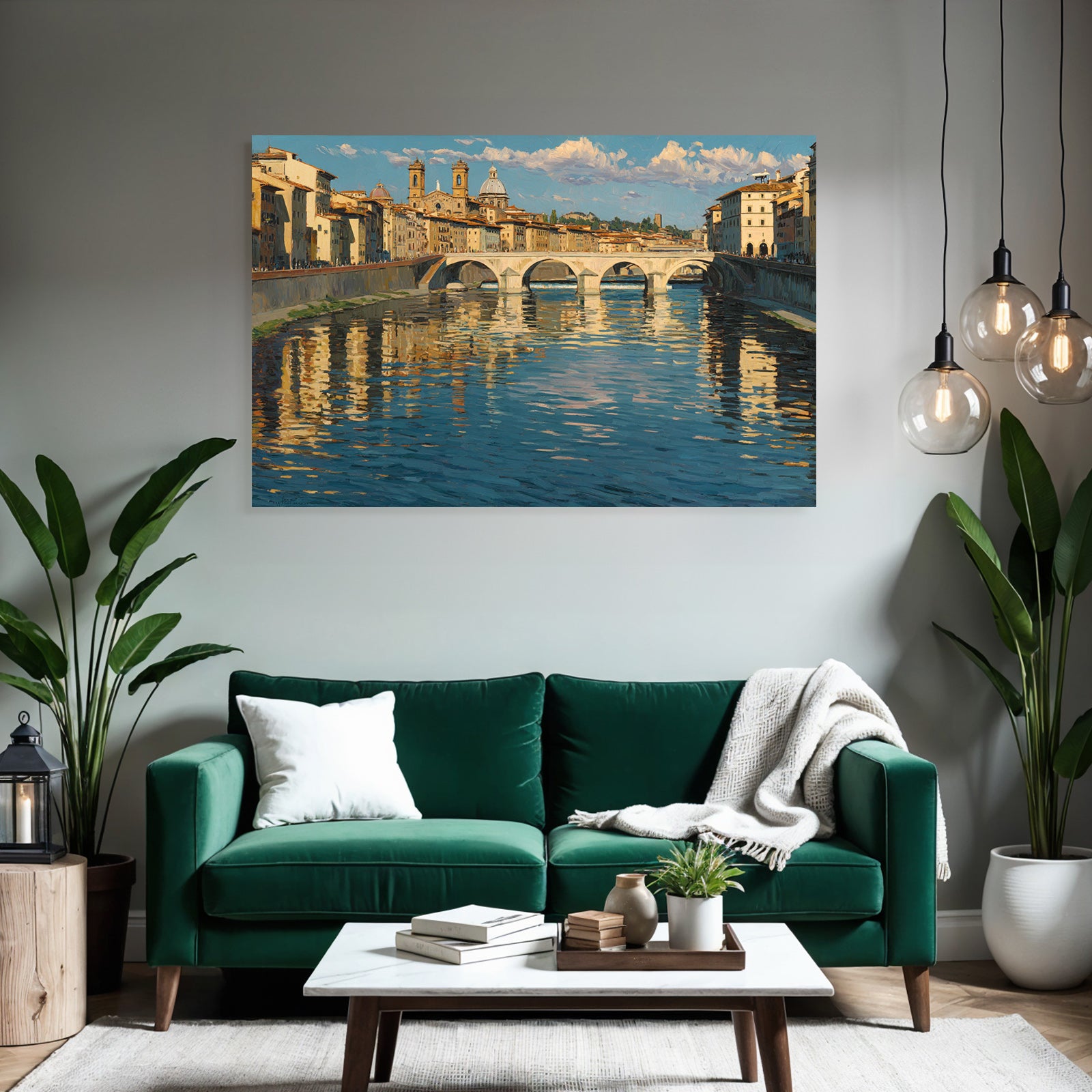 Flusslandschaft Mit Bruecke Und Gebaeuden Im Impressionistischen Stil