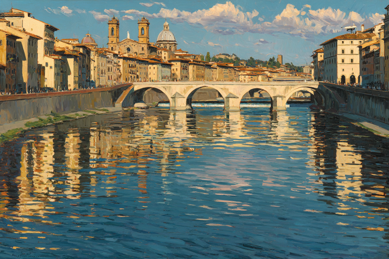 Flusslandschaft Mit Bruecke Und Gebaeuden Im Impressionistischen Stil | Klassisch | Einrichtungsstile