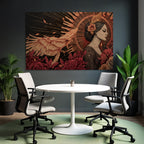 Frau Im Profil Mit Blumen Und Phoenix Im Flug Radialdesign Hintergrund