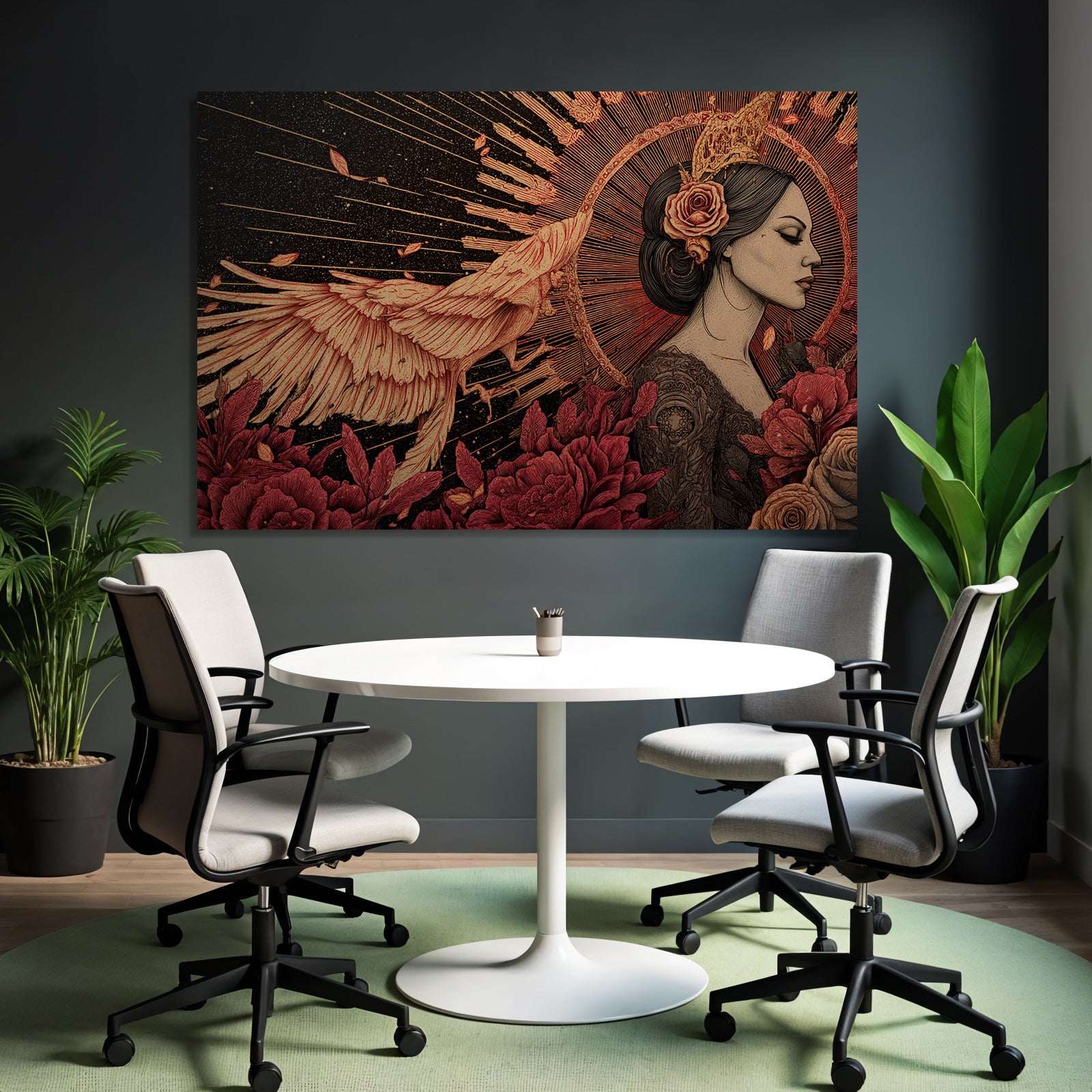 Frau Im Profil Mit Blumen Und Phoenix Im Flug Radialdesign Hintergrund