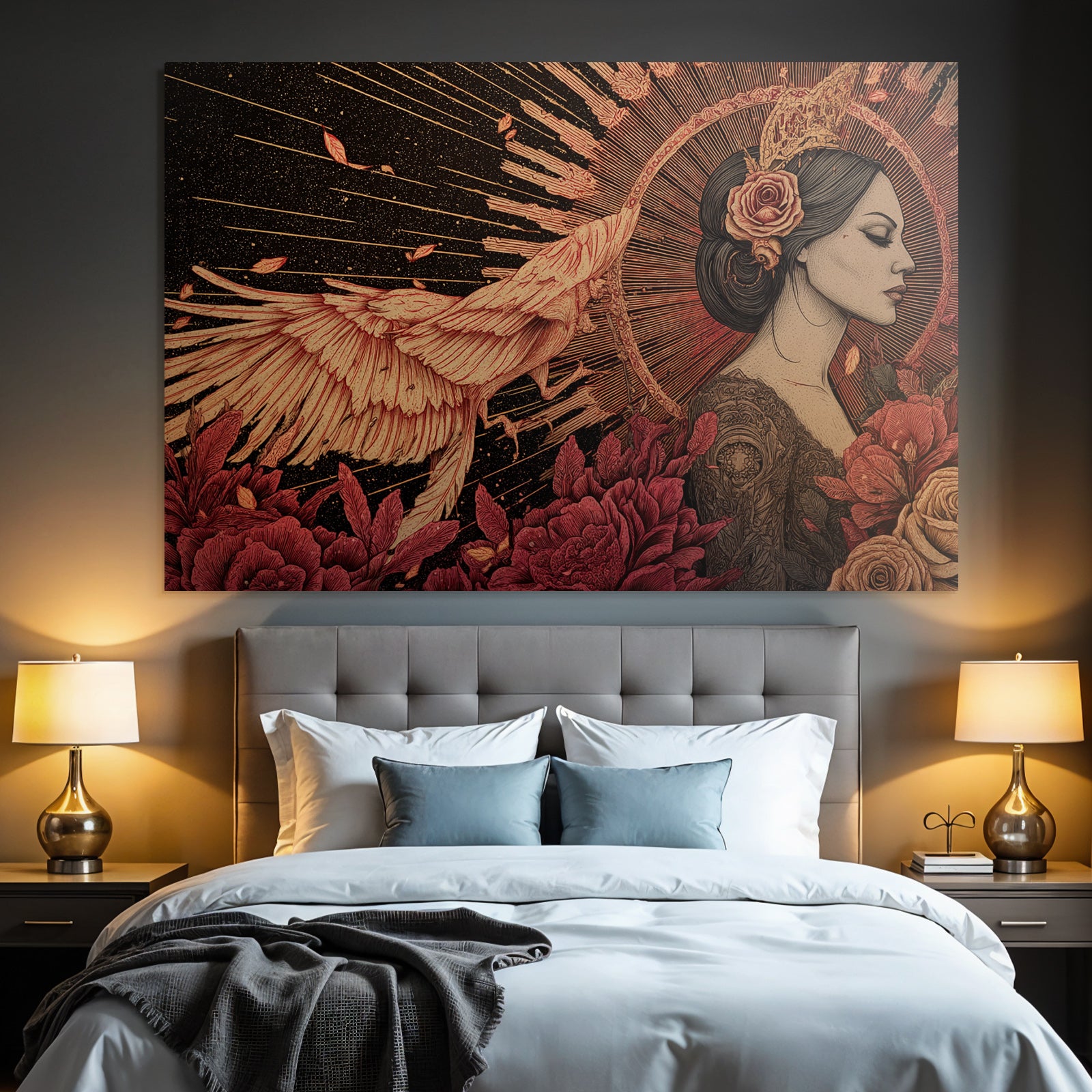 Frau Im Profil Mit Blumen Und Phoenix Im Flug Radialdesign Hintergrund