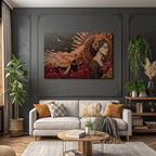 Frau Im Profil Mit Blumen Und Phoenix Im Flug Radialdesign Hintergrund