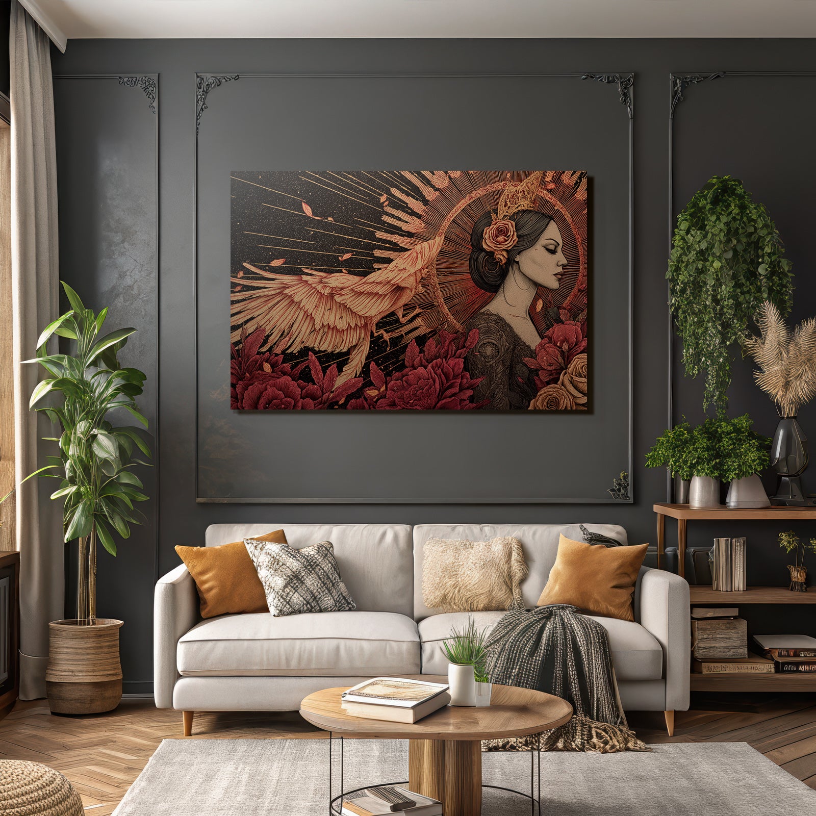 Frau Im Profil Mit Blumen Und Phoenix Im Flug Radialdesign Hintergrund