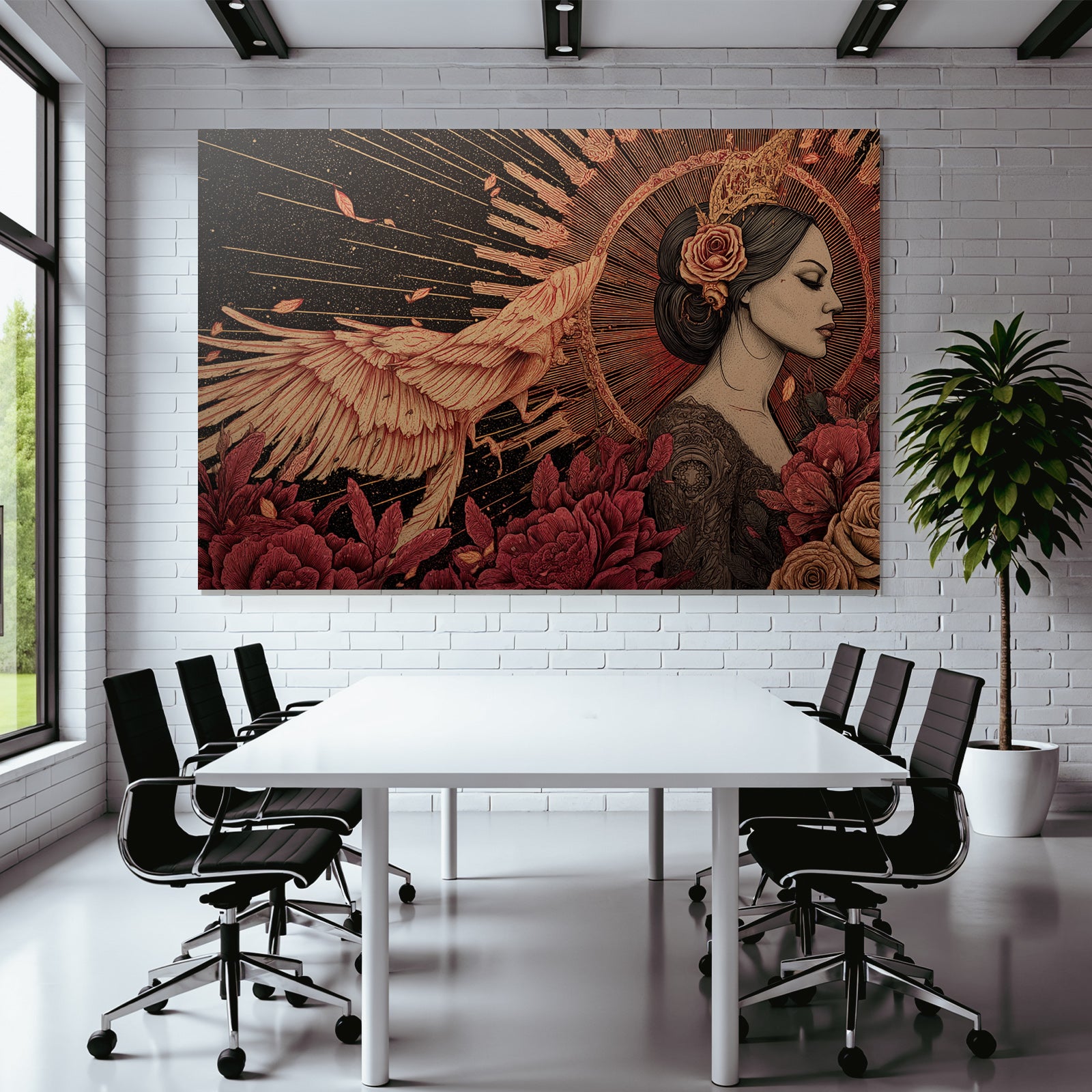 Frau Im Profil Mit Blumen Und Phoenix Im Flug Radialdesign Hintergrund